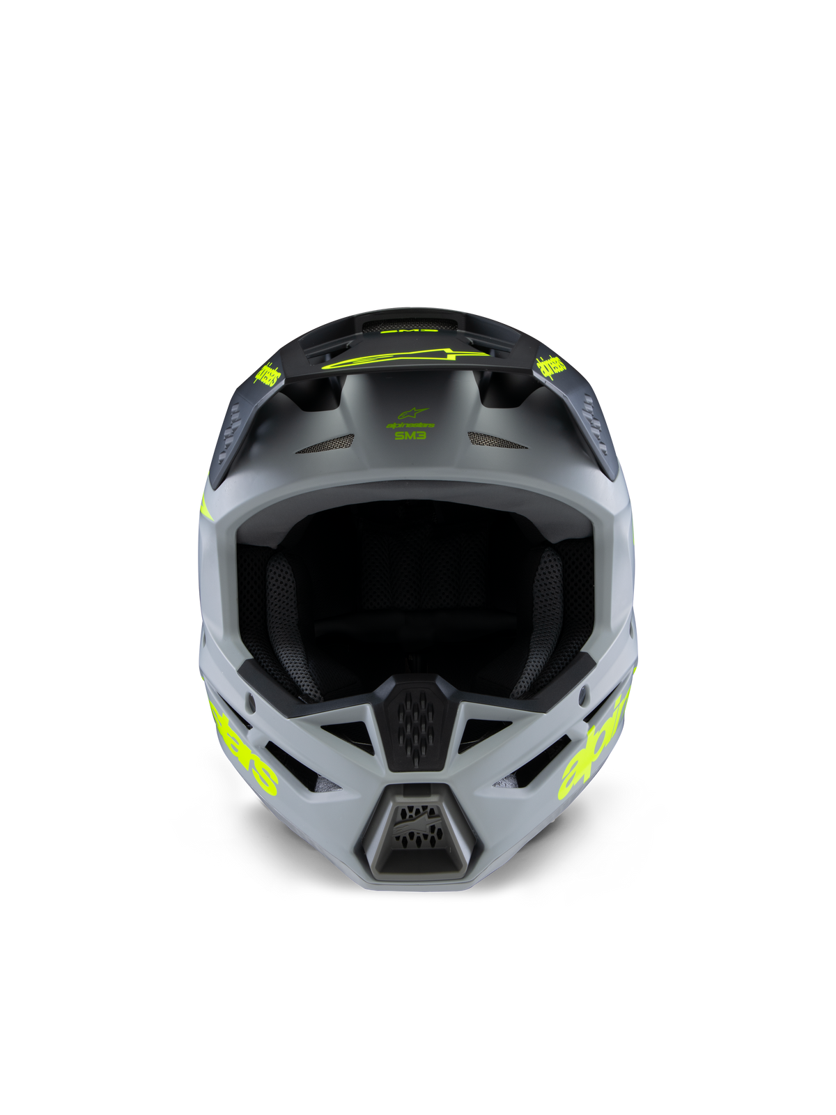 Alpinestars S-M3 Youth Radium Helmet, Motocross Helmet, Gray Black and Yellow Fluo Matte, front view featuring an aggressive angular shell, vibrant yellow logos on the sides and peak, matte finish designed for youth off-road and MX racing.