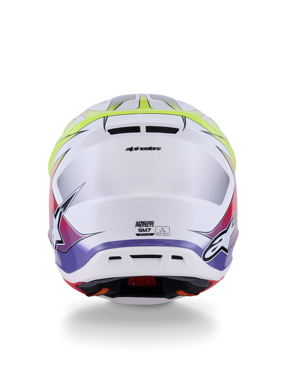 Alpinestars S-M7 Fuse-hjelm ECE 22.06, motocross-hjelm, hvid, gul fluo og lilla blank, set bagfra med integrerede udluftningsporte, Alpinestars-branding og sidelogoer, strømlinet aerodynamisk skaldesign.