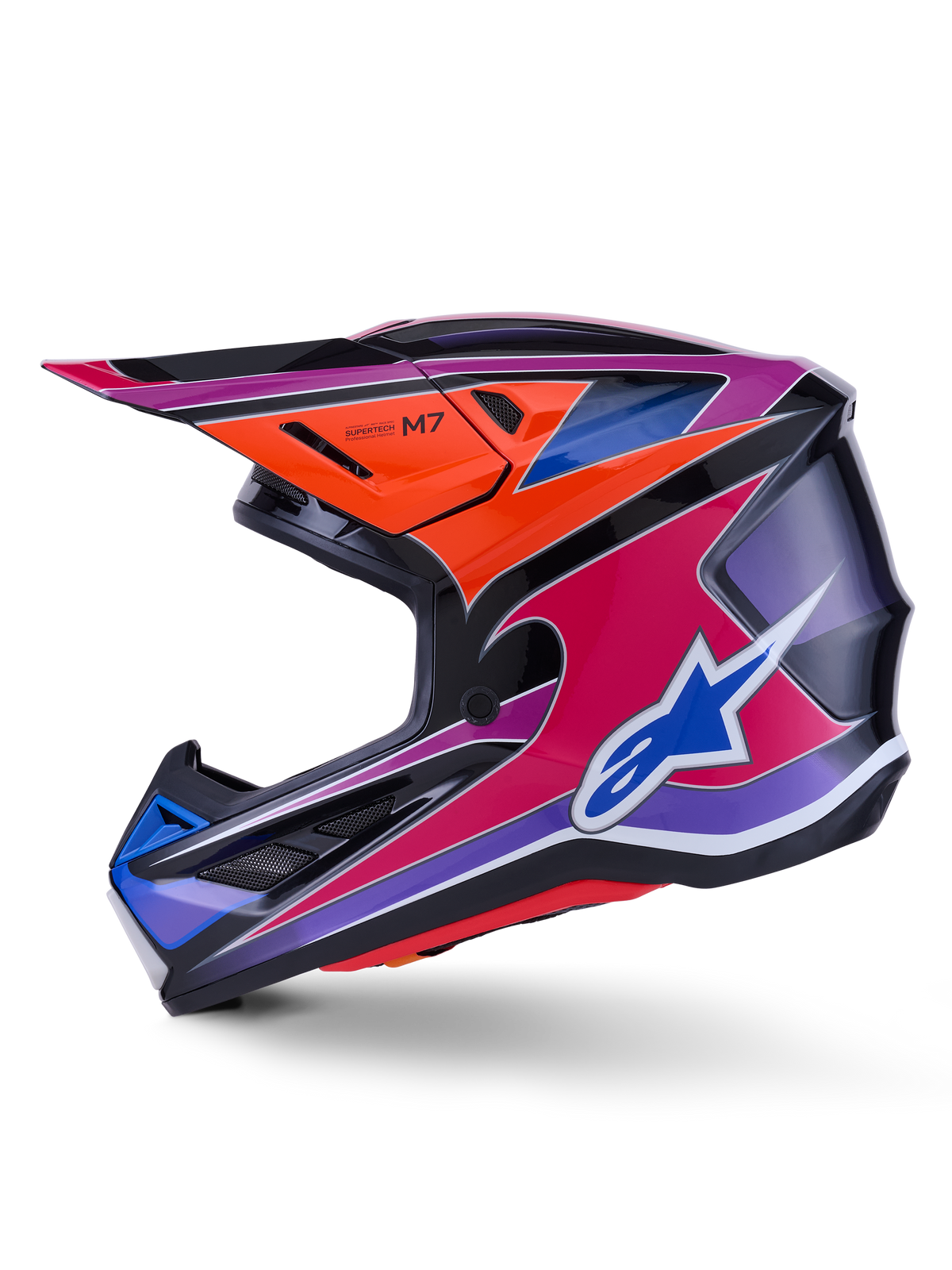Alpinestars S-M7 Fuse hjelm, motocrosshjelm, blå, lilla, pink og orange blank, levende flerfarvet grafisk design med blåt Alpinestars-logo, aerodynamisk kompositskal med beskyttende visir og ventilationsporte, professionelt off-road racerudstyr