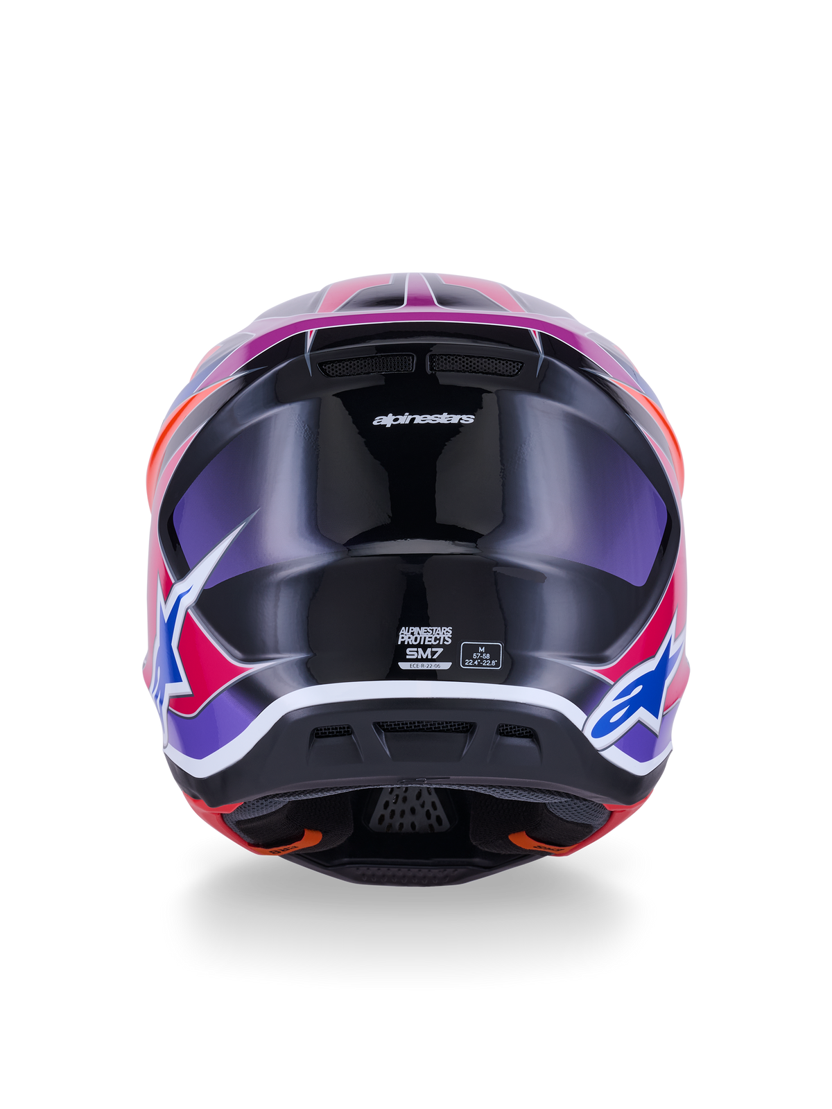 Alpinestars S-M7 Fuse hjelm, motocrosshjelm, set bagfra, Blue Purple Pink Glossy, livlig lyserød og lilla grafik på en blank sort skal, med ventilationsåbninger og ECE 22.06-certificeringsmærke