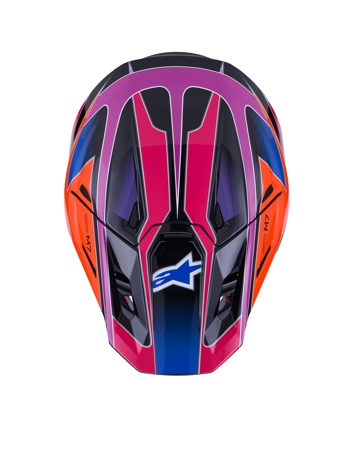 Alpinestars S-M7 Fuse hjelm, set fra oven, Blå Lilla Lyserød Blank med orange og sorte detaljer, farverigt geometrisk design, aerodynamisk skal med ventilationsåbninger og Alpinestars-logo på visiret, motocross sikkerhedsudstyr