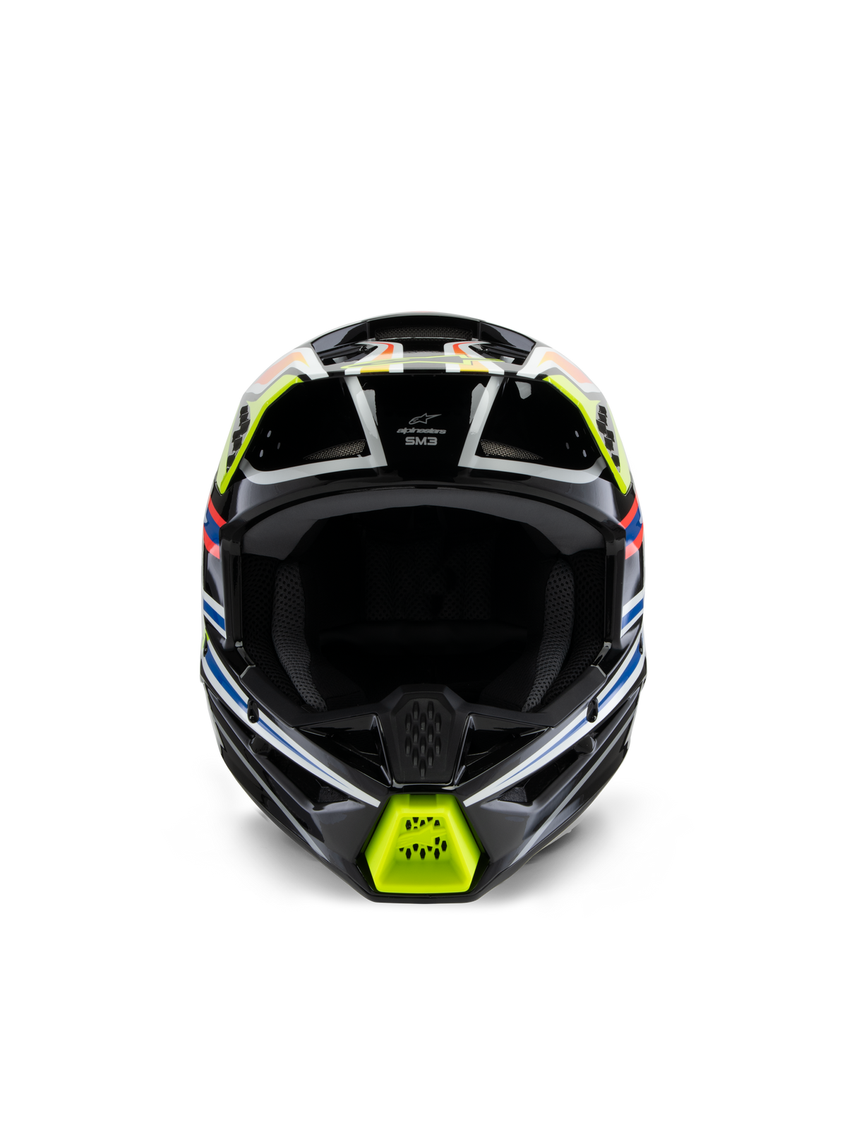 Alpinestars S-M3 Youth Wurx-hjelm, set forfra, sort med fluorescerende gul, blå og rød grafik, motocross-beskyttelsesudstyr til unge, sort base med levende geometrisk grafik, integrerede ventilationsåbninger og gul hagebeskytter, off-road racing-stil