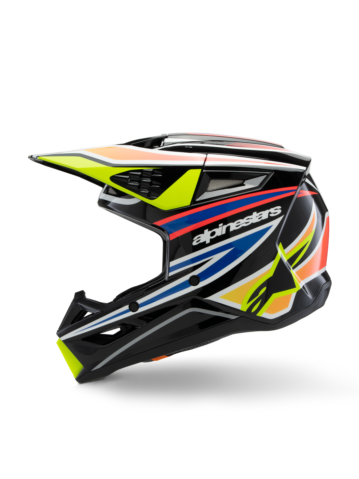 Alpinestars S-M3 Youth Wurx Helmet, Motocross Helmet, Black with vibrant yellow, blue, and red graphics, profile view featuring bold Alpinestars branding, aerodynamic shell with multiple ventilation ports and a yellow peak.
