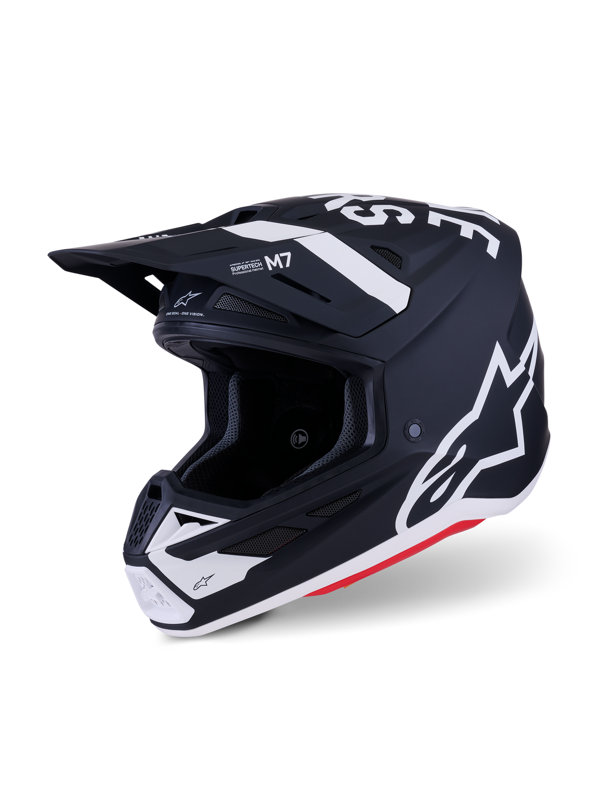 Alpinestars S-M7 Dasher hjelm, motocross-hjelm, mat sort og hvid med røde detaljer, markante hvide Alpinestars-logoer og grafik, aerodynamisk kompositskal med integrerede ventilationsporte og beskyttende visir.