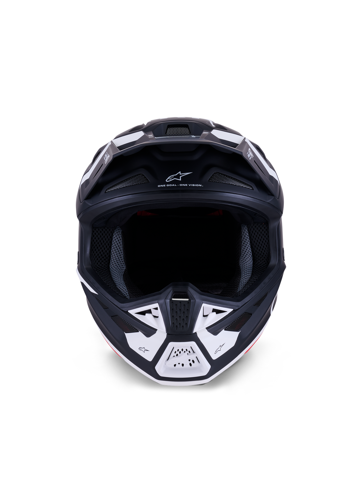 Alpinestars S-M7 Dasher hjelm ECE 22.06, motocrosshjelm, mat sort og hvid, set forfra med ventilationsåbninger og geometrisk grafik, med teksten "ONE GOAL - ONE VISION", professionel beskyttelse til off-road racing
