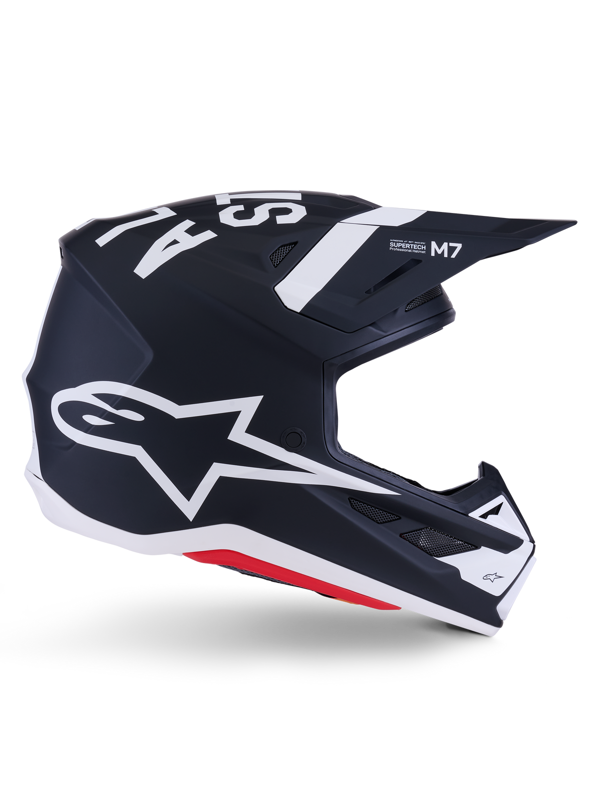 Alpinestars S-M7 Dasher hjelm, motocross-hjelm, matsort og hvid med røde detaljer, med et stort hvidt Alpinestars stjernelogo på siden, aerodynamisk visir og ventilationsporte, mat finish, ECE 22.06-certificeret til off-road racing