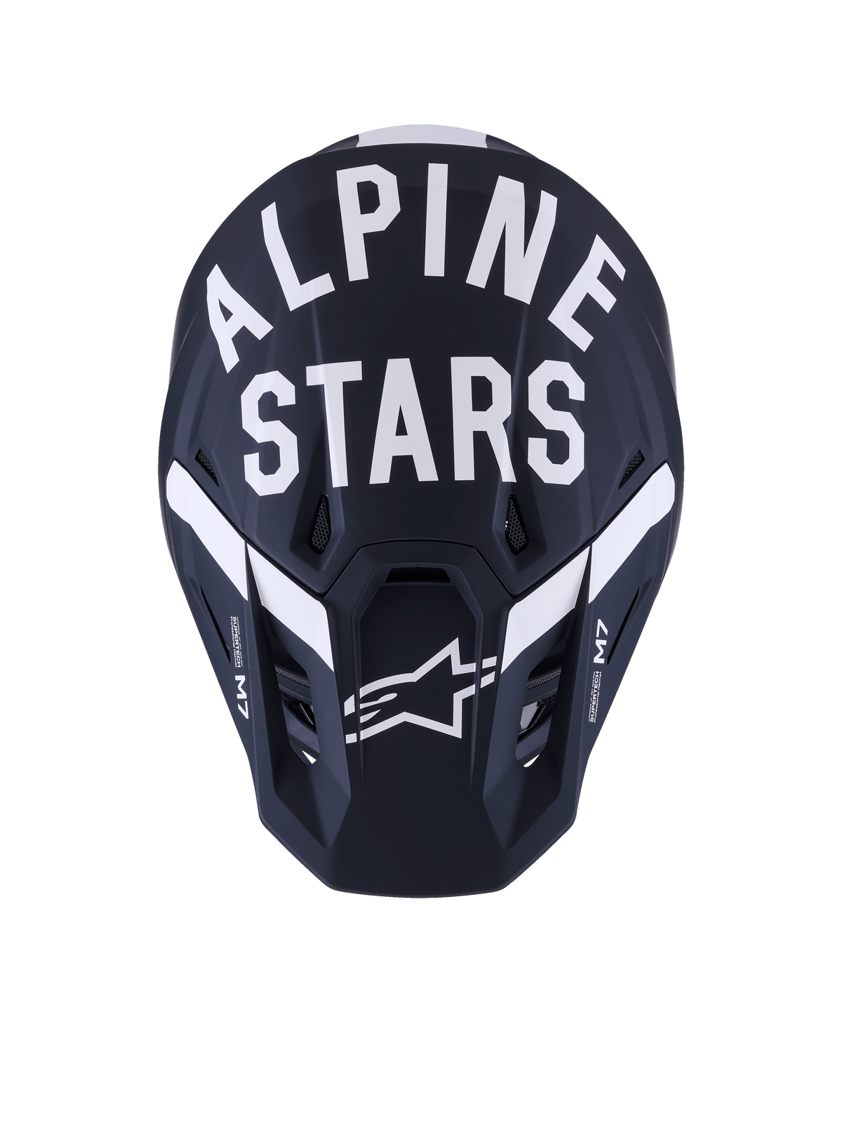 Alpinestars S-M7 Dasher hjelm, motocrosshjelm, sort hvid mat, set forfra med markant hvid Alpinestars-tekst og stjernelogo, kompositskal i mat finish med ventilationsporte, professionelt off-road racerudstyr.