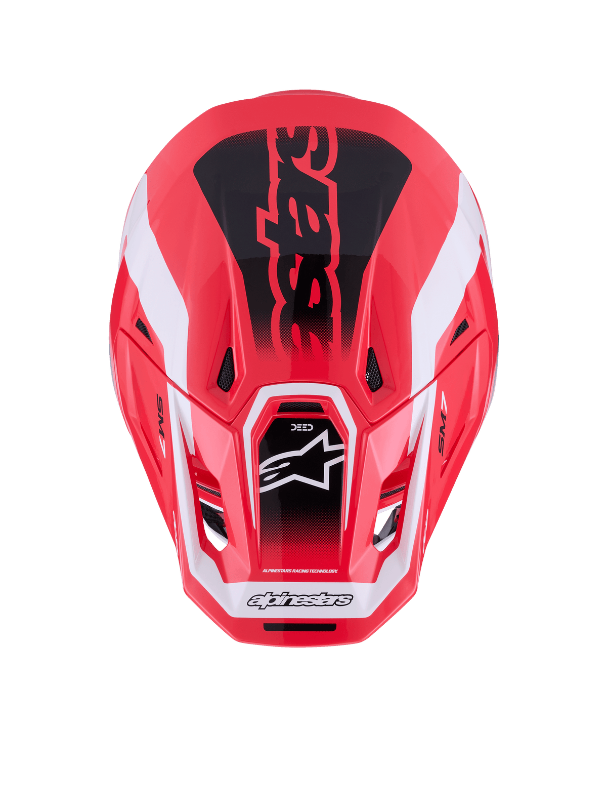 Alpinestars S-M7 Deed Helmet, Motocross Helmet, Red Black and White Glossy, top-down view showing aerodynamic composite shell and ventilation ports, featuring Astars logo and bold branding, professional off-road racing gear