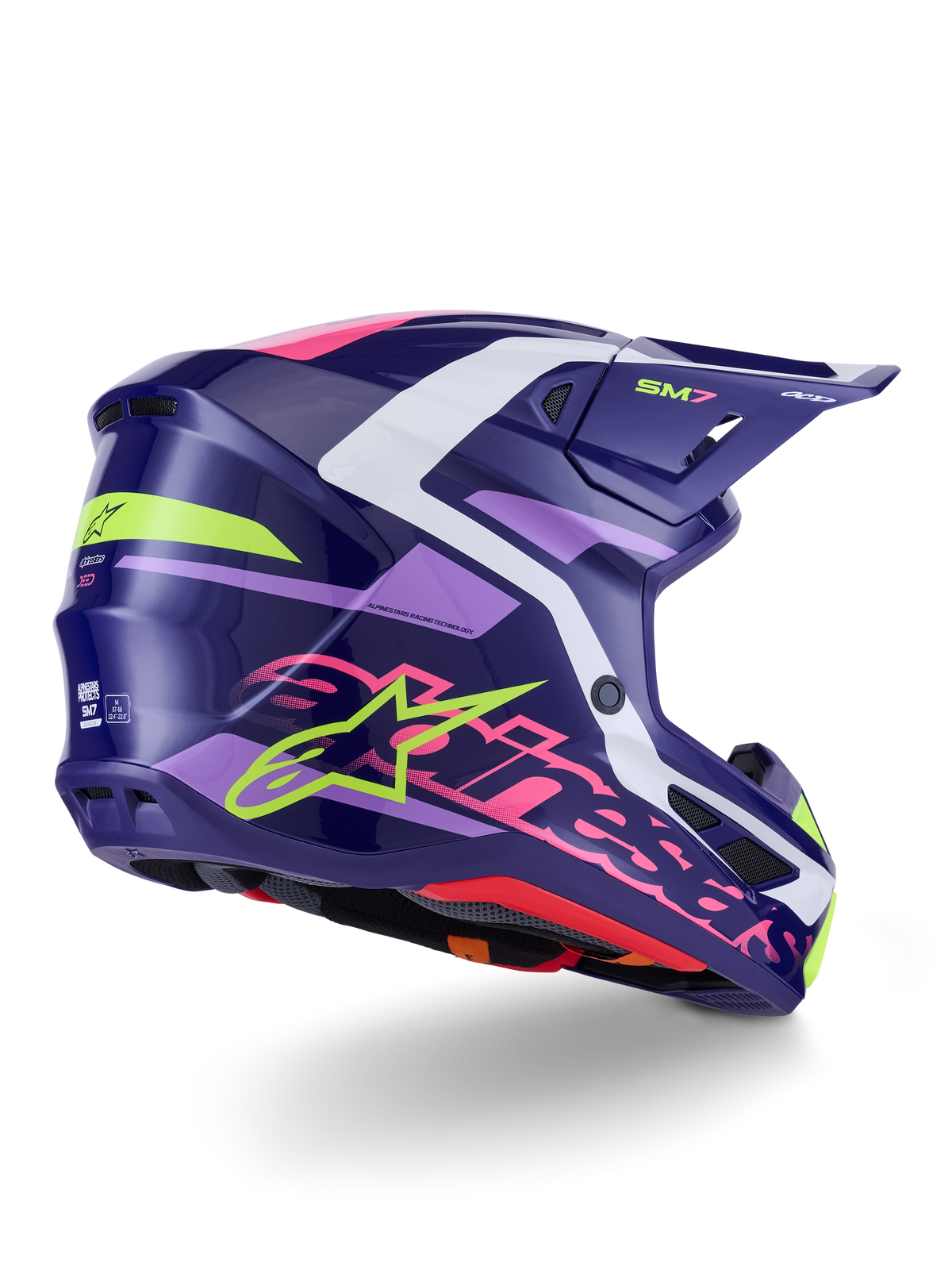 Alpinestars S-M7 Deed hjelm, motocrosshjelm, Purple Pink Glossy, set skråt bagfra med hvide og limegrønne detaljer, markant lyserødt Alpinestars-navnetræk og stjernelogo, aerodynamisk kompositskal-design til off-road præstation