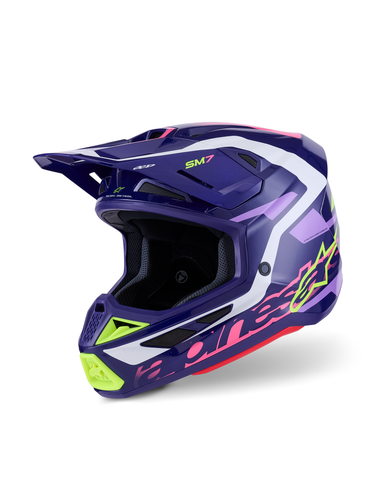 Alpinestars S-M7 Deed hjelm, motocross-hjelm, Purple Pink Glossy, mørkelilla base med neongule, lyserøde og hvide detaljer, aerodynamisk design med integrerede ventilationsporte og et markant visir, højtydende hovedbeskyttelse til terrænkørsel