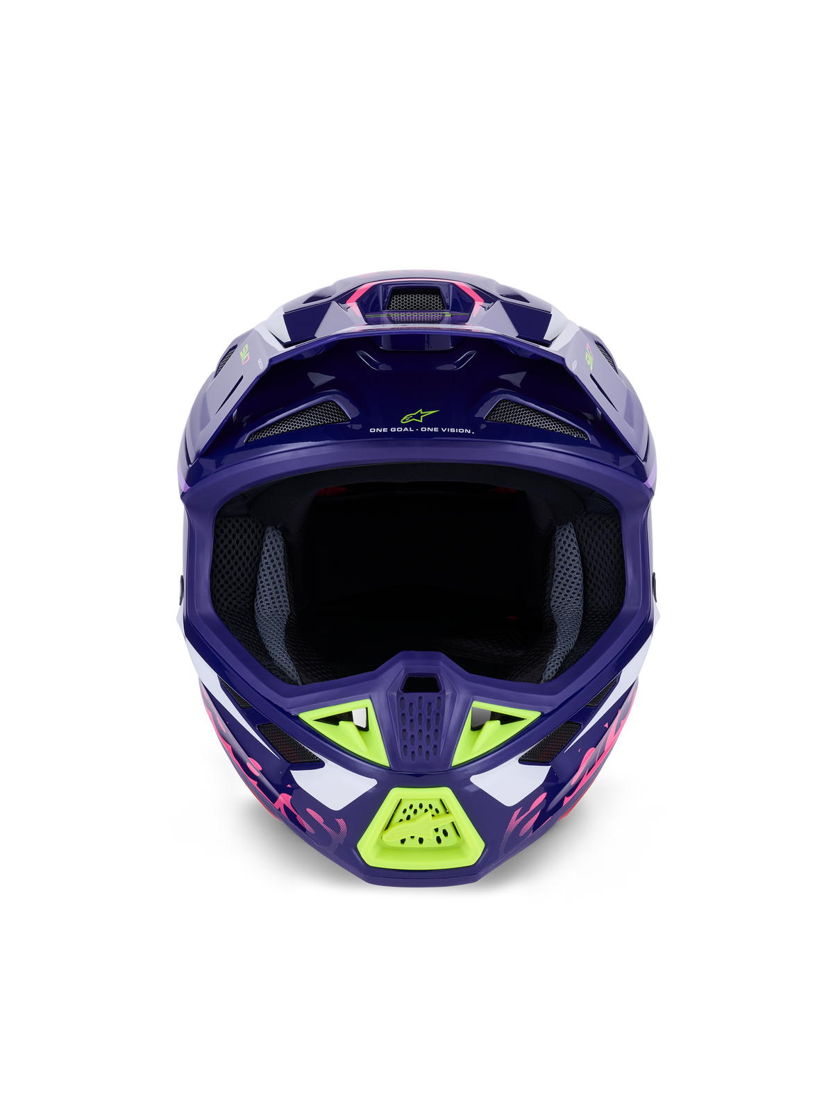 Alpinestars S-M7 Deed hjelm ECE 22.06, motocross-hjelm, blank lilla og lyserød med limegrønne og hvide detaljer, set forfra med den brede åbning til briller og ventilationssystemet, aerodynamisk komposit-skaldesign til off-road racing.