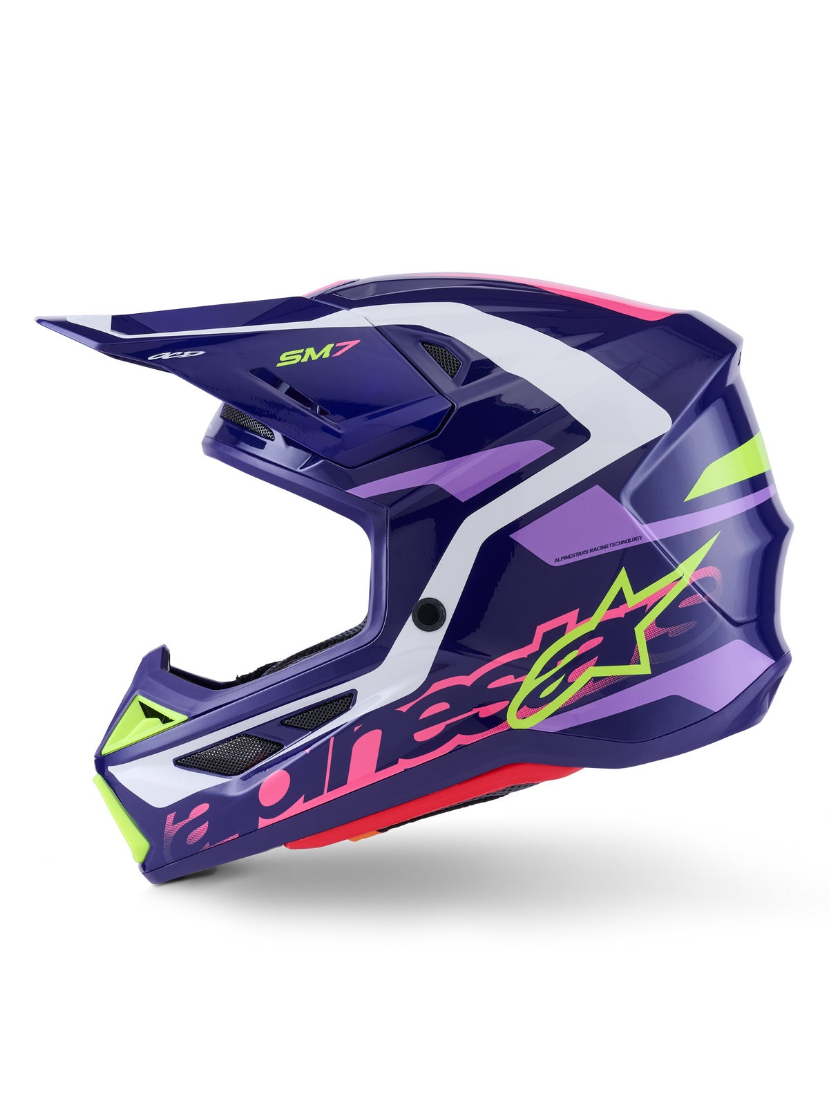 Alpinestars S-M7 Deed motocrosshjelm, Purple Pink Glossy, set fra siden, markant limegrøn og pink Alpinestars-branding, aerodynamisk skal med hvide og lyselilla detaljer, blank finish, designet til off-road racing