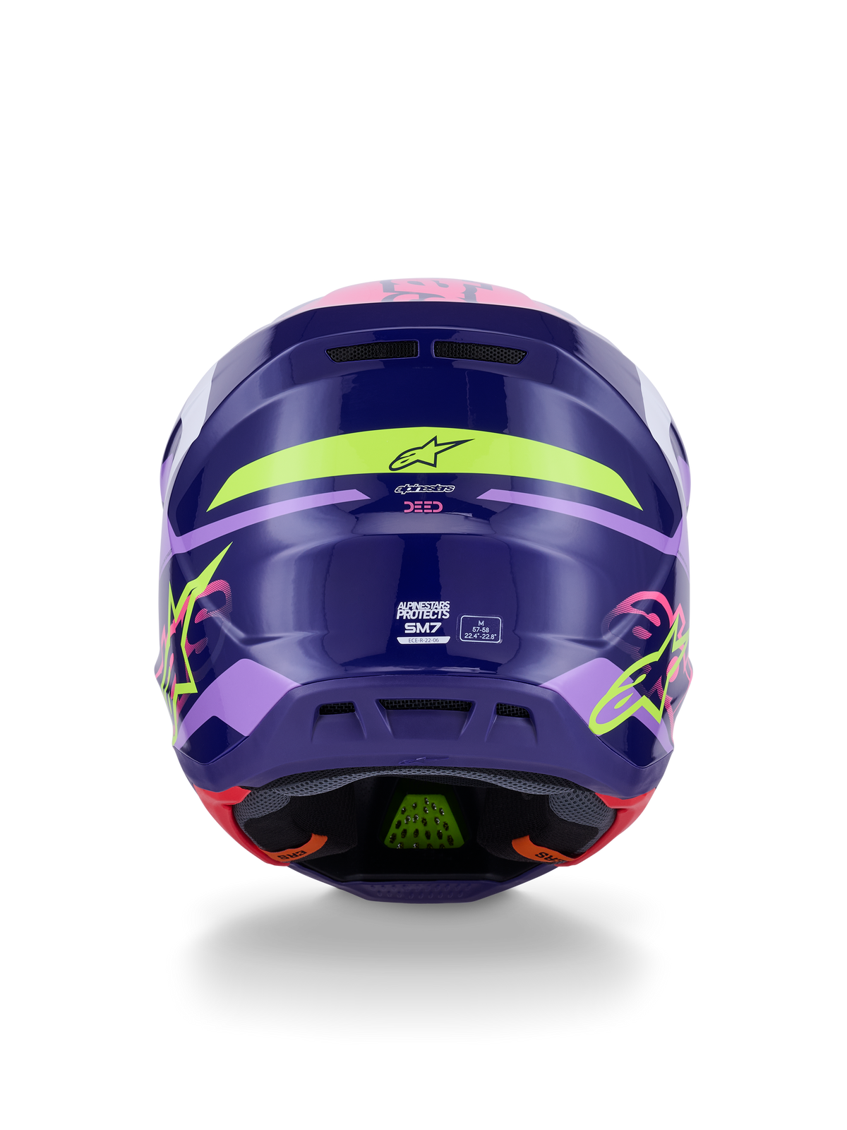 Alpinestars S-M7 Deed Hjelm ECE 22.06, motocrosshjelm, set bagfra i Purple Pink Glossy, med neongul og lyserød grafik, aerodynamisk kompositskal med SM7-branding og certificeringsmærkater, højtydende racingudstyr til terrænkørsel