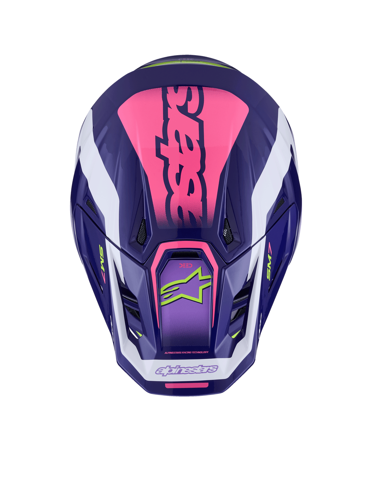 Alpinestars S-M7 Deed hjelm, set fra toppen, lilla og lyserød blank, markant lyserød branding på toppen, hvide accenter, limegrønne logoer, ventilationsåbninger, blank finish, højtydende motocross-beskyttelse