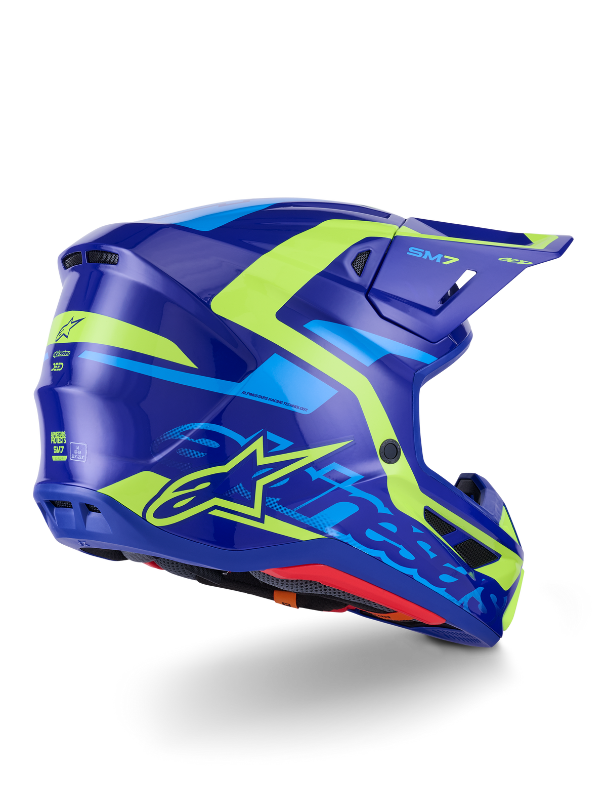 Alpinestars S-M7 Deed hjelm ECE 22.06, motocrosshjelm, blå gul fluo glossy, side-bagfra visning med en slank aerodynamisk skalprofil, tydelig Alpinestars-branding med klare neongule detaljer, højtydende ventilationsporte og en blank finish til off-road racing