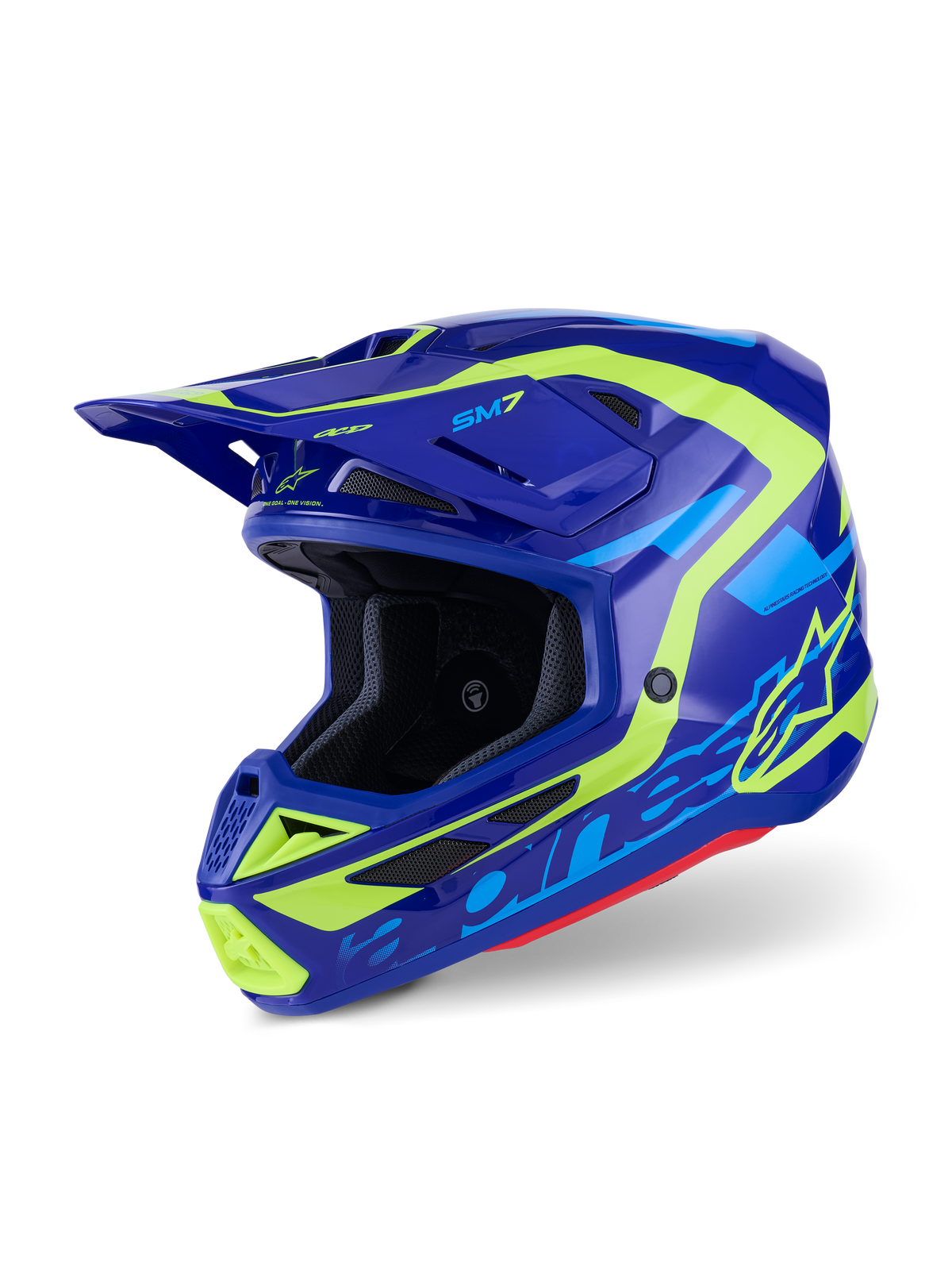 Alpinestars S-M7 Deed hjelm, motocross-hjelm, blå og fluorescerende gul blank, aerodynamisk design med flere luftindtag, med markant Alpinestars-branding og SM7-logo, professionel beskyttelse til off-road racing