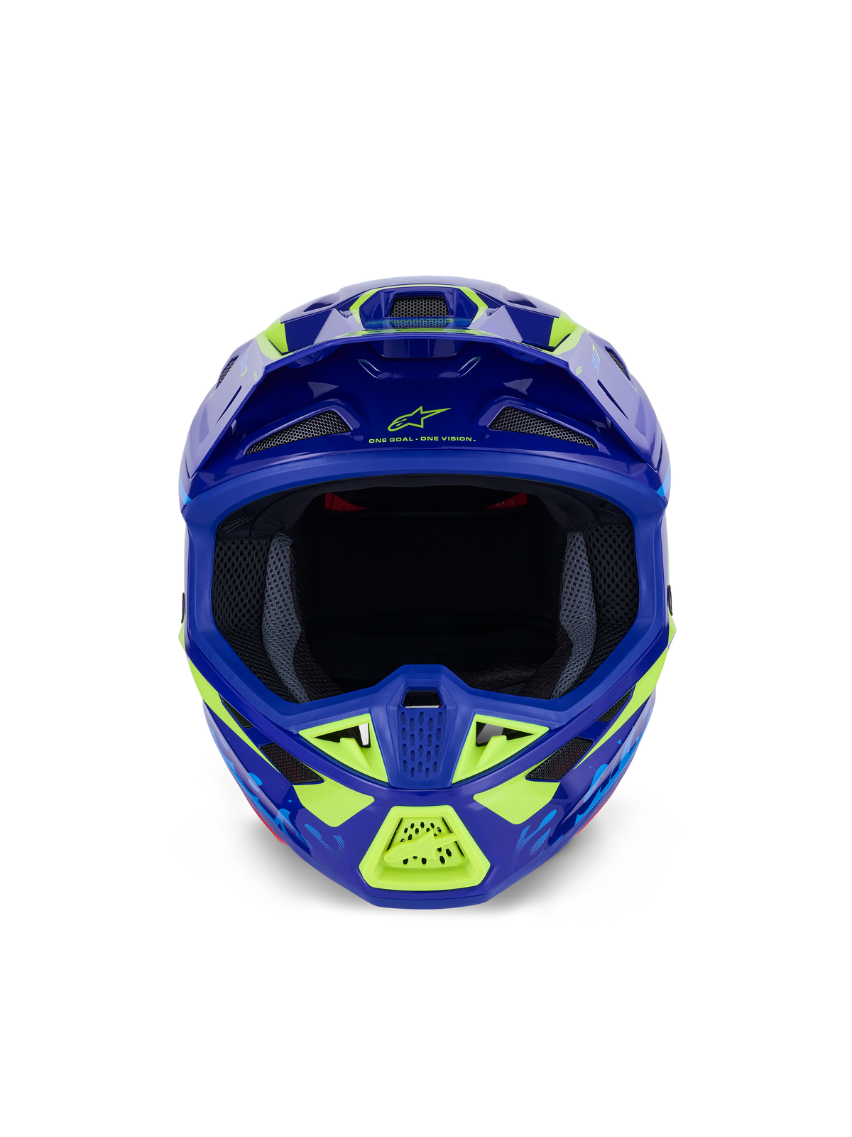 Alpinestars S-M7 Deed hjelm, motocross-hjelm, blå og neongul blank, set forfra med fokus på den brede brilleåbning og de mange mesh-dækkede luftindtag, aerodynamisk skal med neongule detaljer og Alpinestars-branding, professionel hovedbeskyttelse til off-road racing