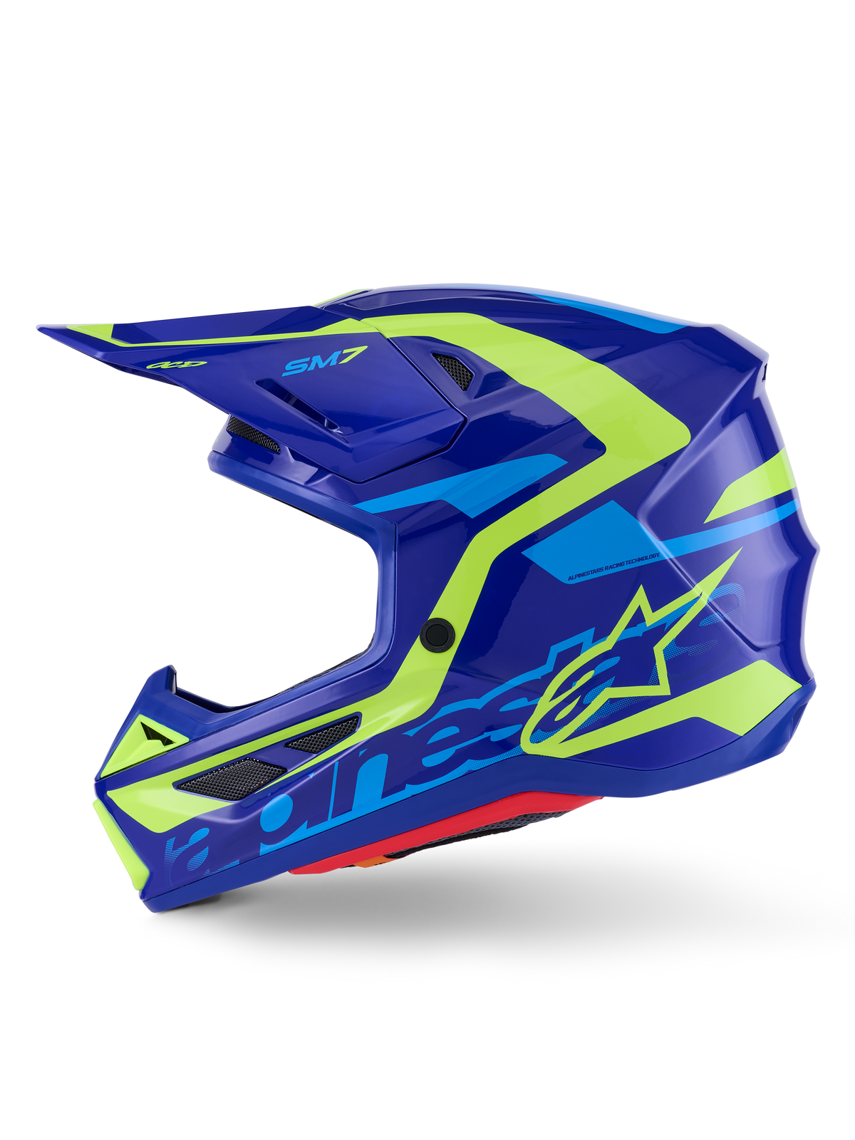 Alpinestars S-M7 Deed hjelm, motocrosshjelm, blå og fluorescerende gul blank, set fra siden, strømlinet aerodynamisk kompositskal med livlig gul og lyseblå grafik, med netdækkede ventilationsåbninger og visir til off-road-performance