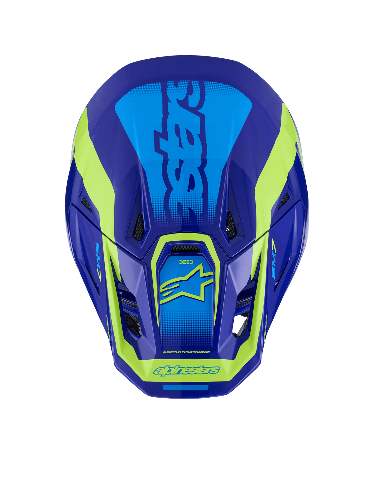 Alpinestars S-M7 Deed-hjelm, motocross-hjelm, blå og gul fluo-glossy, set oppefra, der viser den aerodynamiske skal, ventilationsporte og den karakteristiske fluo-gule branding mod en dyb blå finish.