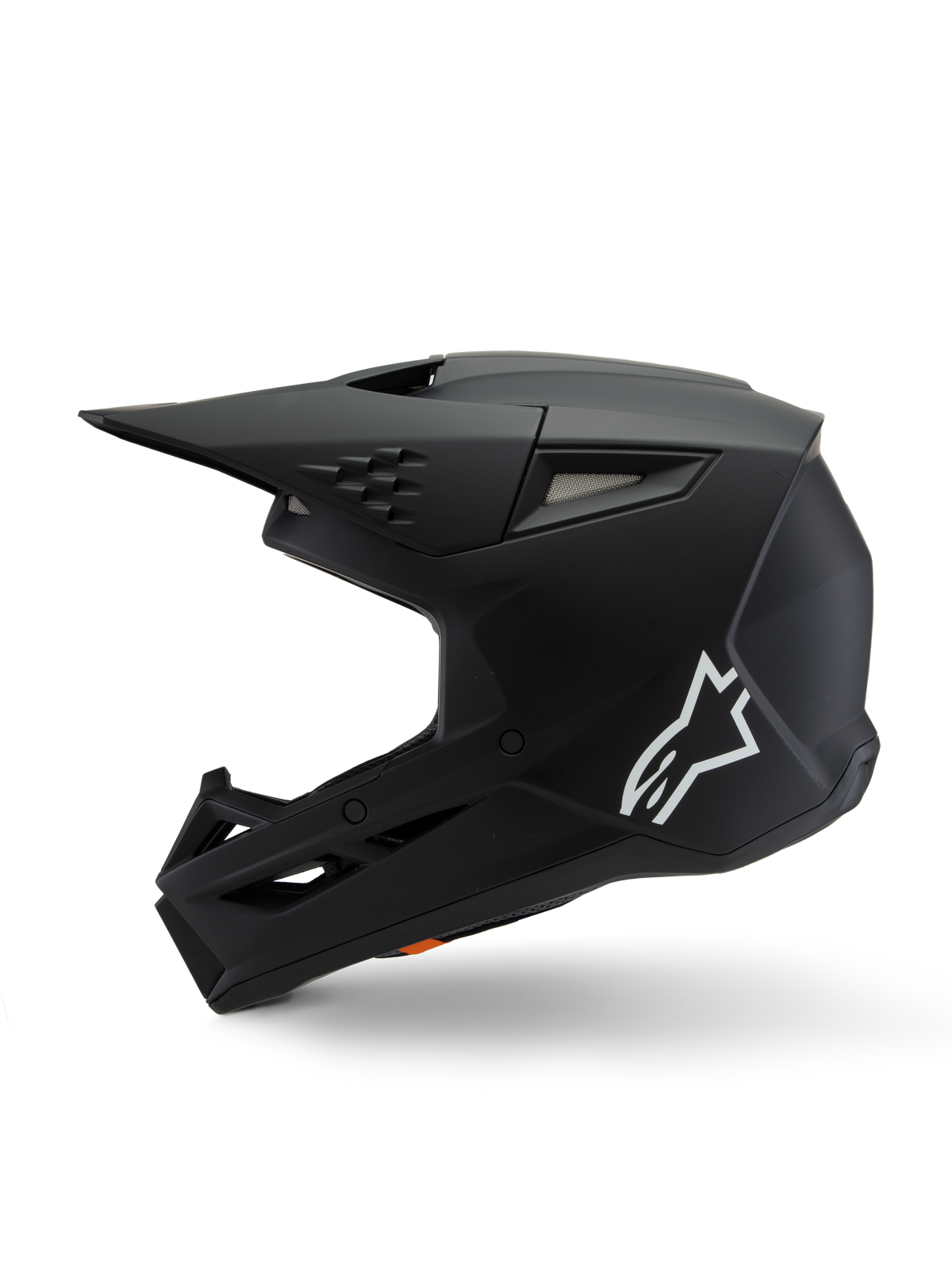 Alpinestars S-M3 Youth Solid hjelm ECE 22.06, motocrosshjelm, matsort, sideprofil med hvidt Alpinestars-logo, aerodynamisk skal med ventilationsporte i mesh og integreret visir, beskyttelsesudstyr til unge til off-road racing