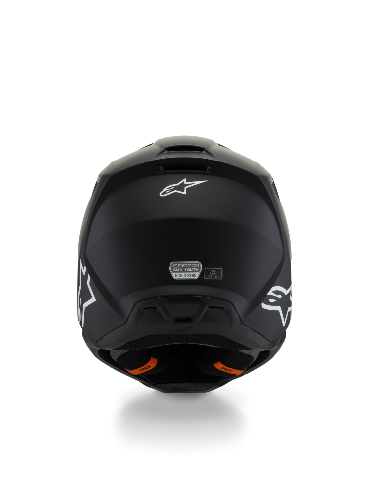 Alpinestars S-M3 Youth Solid-hjelm ECE 22.06, motocrosshjelm, matsort, set bagfra med hvide stjernelogoer og ECE-certificeringsmærkat, orange stropper til Emergency Release System, strømlinet beskyttelsesskal til unge kørere