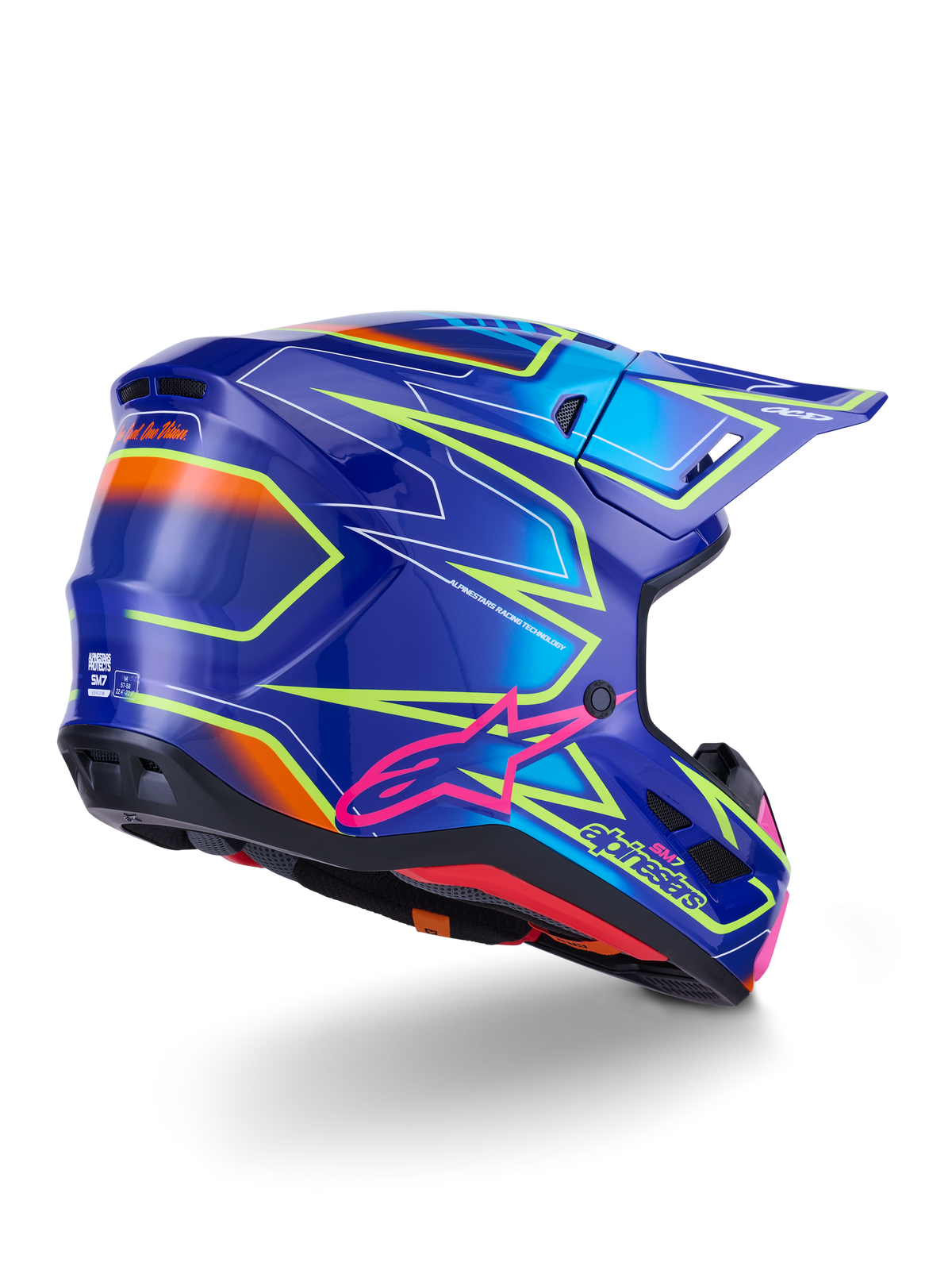 Alpinestars S-M7 Cast Hjelm, motocross-hjelm, blå, lyserød og neon-gul blank, trekvartvisning bagfra der viser en aerodynamisk skal med markant kantet grafik, lyserødt Astar-logo og integrerede ventilationsåbninger til off-road racing