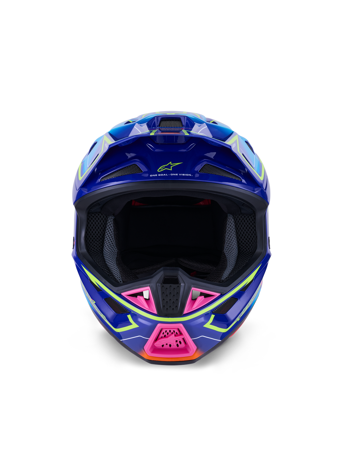 Alpinestars S-M7 Cast hjelm ECE 22.06, motocrosshjelm, blå, pink og neongul glossy, set forfra, viser aggressiv aerodynamisk skal, ventileret hagebeskytter med pink detaljer og bred åbning til ansigtet til off-road kørsel