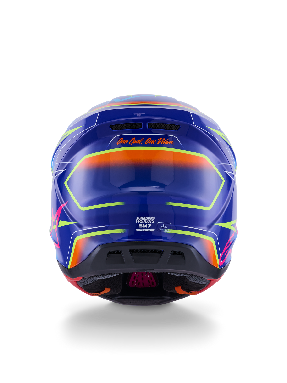 Alpinestars S-M7 Cast Hjelm ECE 22.06, motocrosshjelm, blå, lyserød og neongul blank, set bagfra med 'One Goal. One Vision.' slogan, aerodynamisk kompositskal med integrerede ventilationsåbninger og levende neon-accenter
