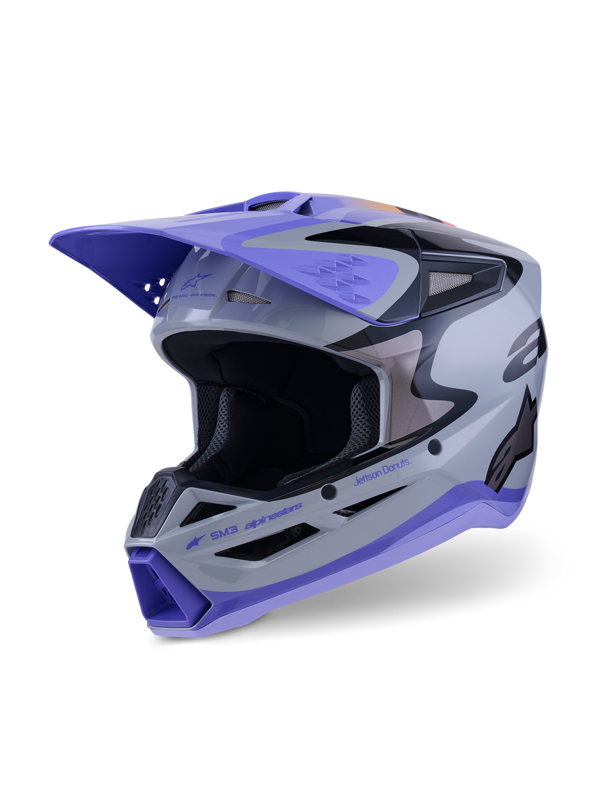 Alpinestars S-M3 Jettson-hjelm ECE 22.06, motocross-hjelm, grå, lilla og sort blank, frontvisning i tre-kvart profil med lilla skygge, sorte branding-detaljer og flere ventilationsåbninger til terrænkørsel