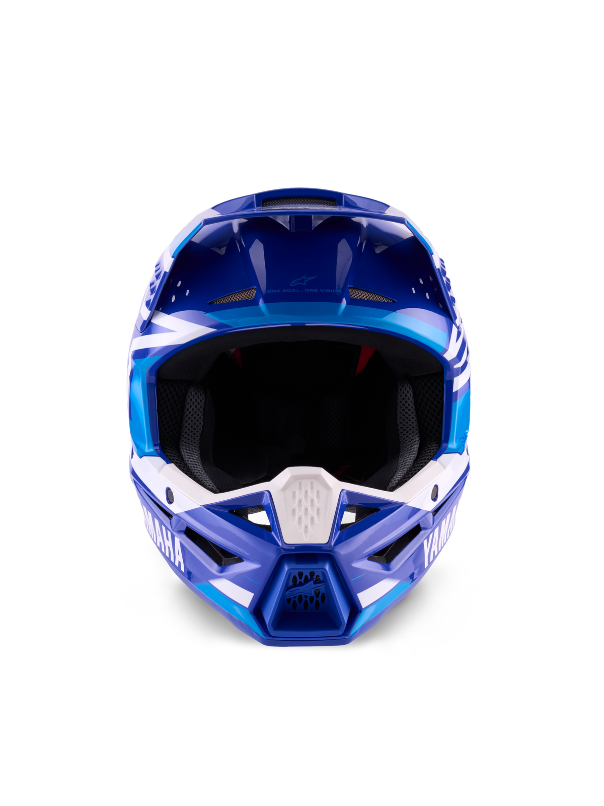 Yamaha S-M3-hjelm ECE 22.06, motocross-hjelm, blå og hvid i blank finish, set forfra der fremhæver den beskyttende hagebøjle med Yamaha-branding og flere ventilationsporte.