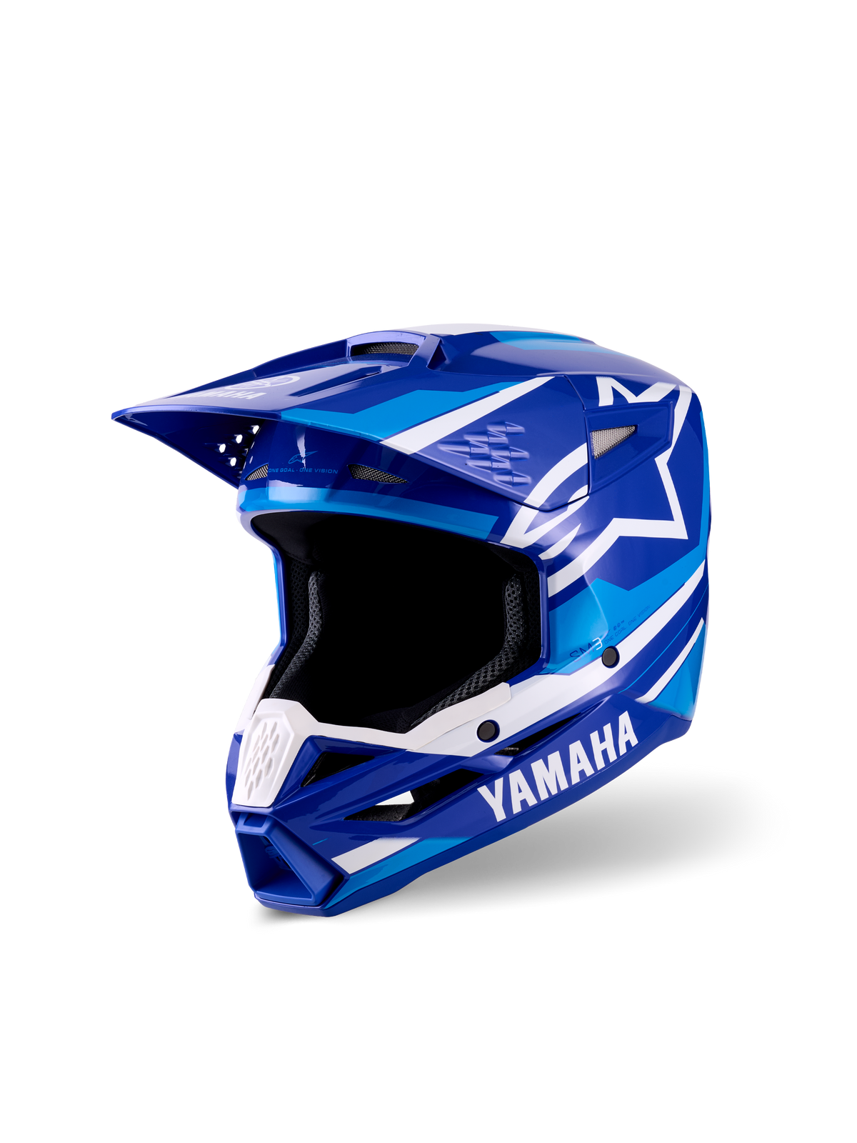 Alpinestars Yamaha S-M3 motocross-ungdomshjelm, blå og hvid blank finish, med fremtrædende Yamaha- og Alpinestars-logoer, aerodynamisk visirdesign, bred åbning til briller og ventileret hagebeskytter til off-road racing