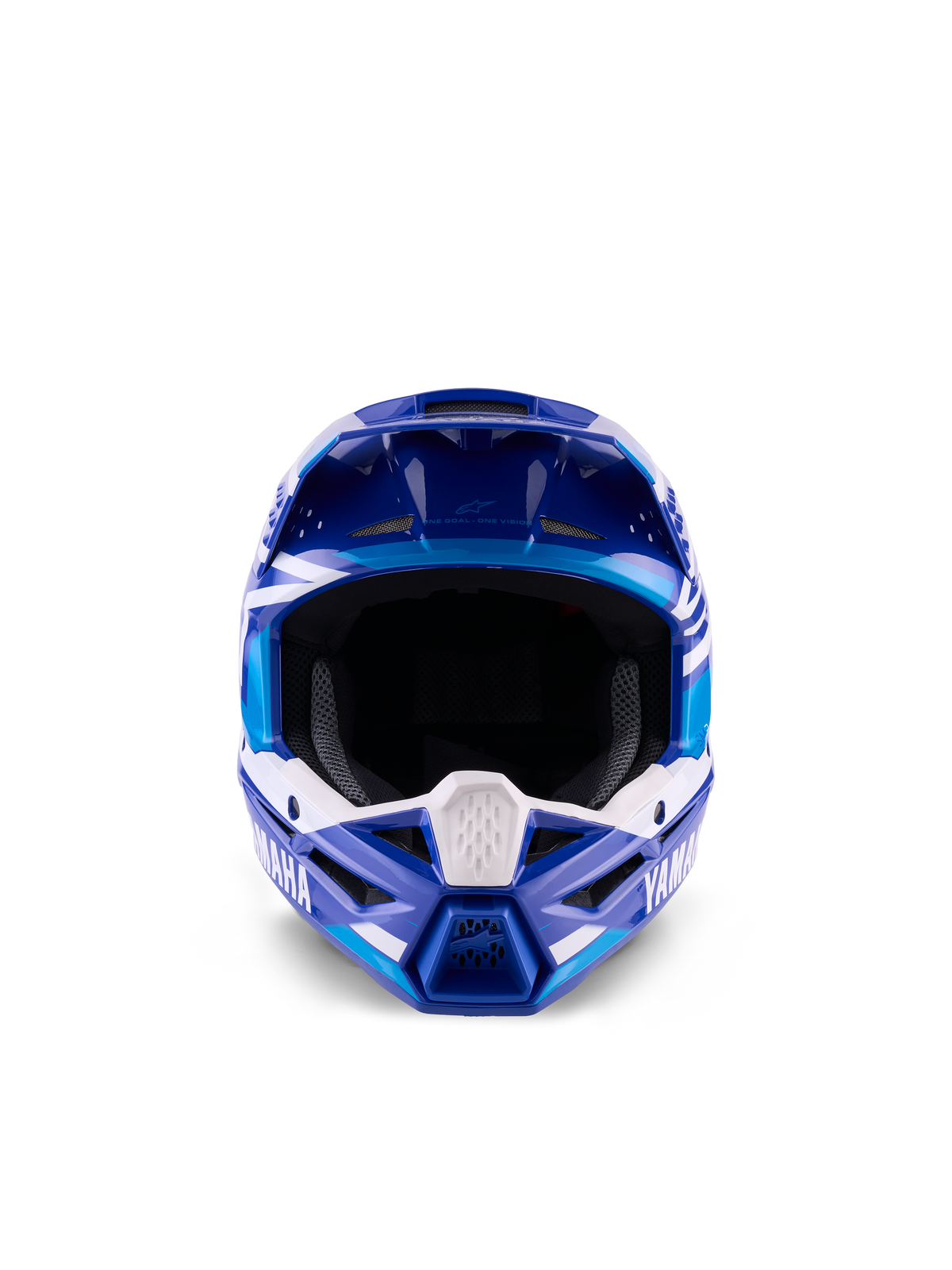 Alpinestars Yamaha S-M3 motocross-hjelm til unge, blå og hvid blank, set forfra med fokus på den brede synsåbning og det aggressive hageparti, Yamaha-branding og geometrisk grafik, professionel off-road hovedbeskyttelse til unge kørere.