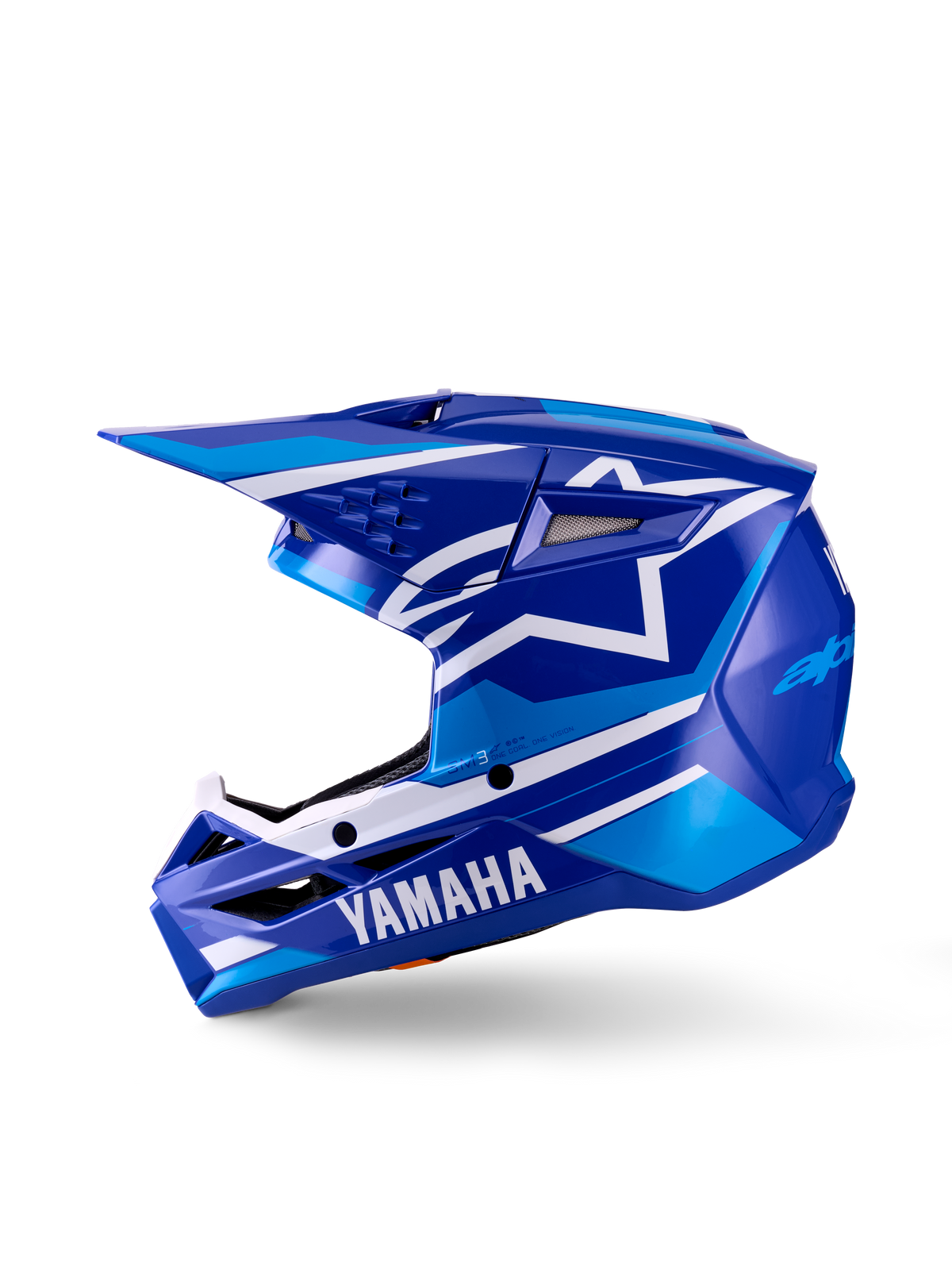 Yamaha S-M3 motocrosshjelm til unge, motocrosshjelm, blank blå og hvid, sideprofil, med tydelig Yamaha-branding på hagebeskytteren og Alpinestars stjerne-logo, strømlinet aerodynamisk skal med flere ventilationsåbninger og integreret visir.