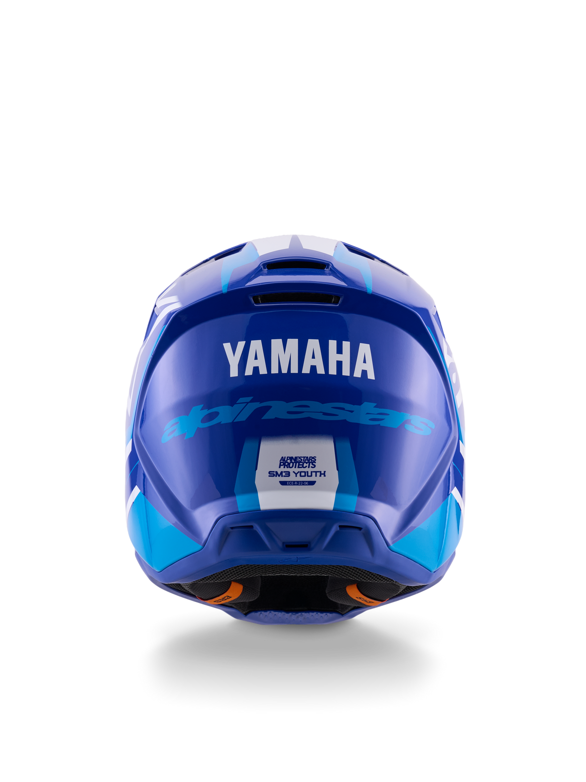 Yamaha S-M3 motocrosshjelm til unge, set bagfra, blå og hvid blank finish, fremtrædende Yamaha- og Alpinestars-branding, aerodynamisk skaldesign med ECE 22.06-sikkerhedscertificeringsmærke, professionel hovedbeskyttelse til off-road racing