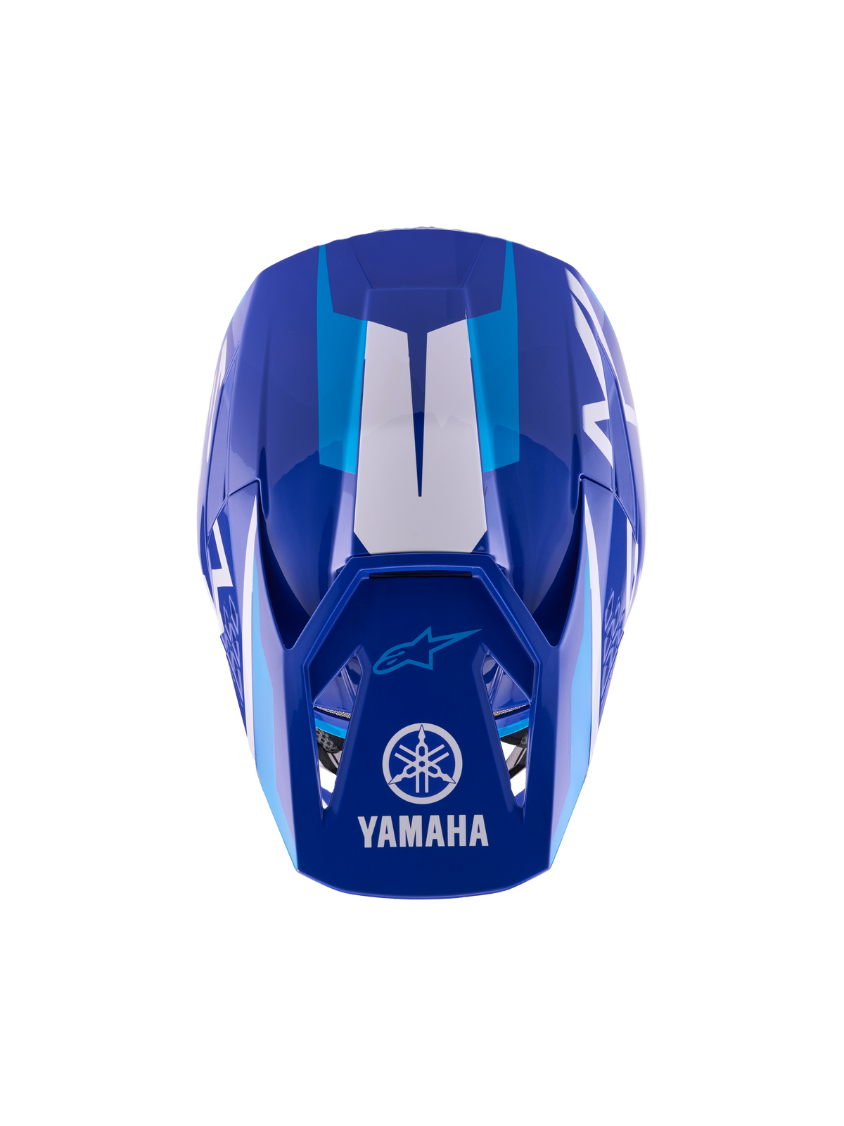 Alpinestars Yamaha S-M3 motocross-hjelm til unge, Blue White Glossy, set oppefra, viser den ydre skal og visir, med Yamaha- og Alpinestars-logoer, aerodynamisk design med blank finish og hvide grafiske detaljer.