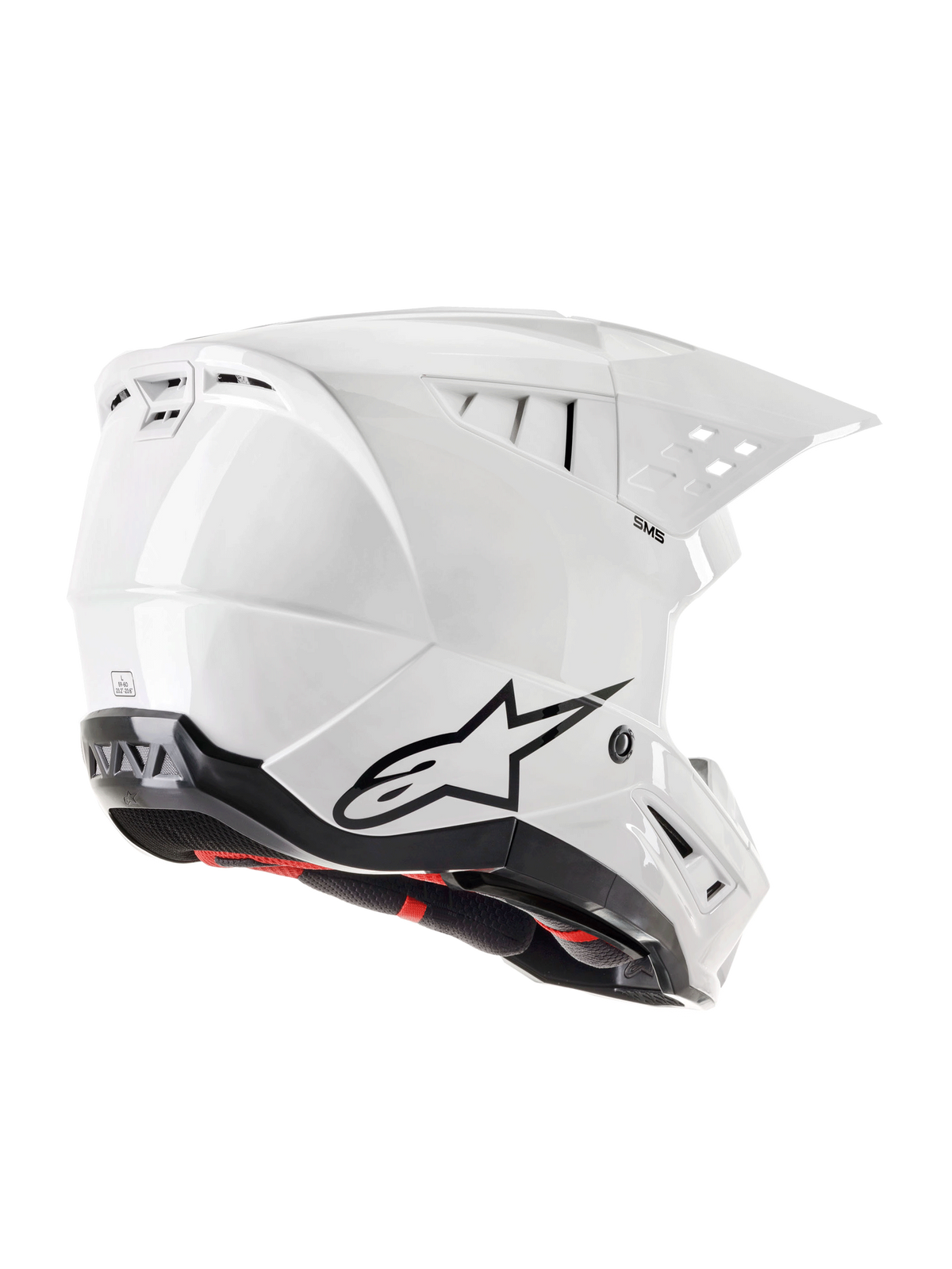 Alpinestars S-M5 Solid hjelm ECE 22.06, motocrosshjelm, hvid blank, trekvart visning bagfra med sort Astars-logo, integrerede luftudtag og slankt aerodynamisk skaldesign
