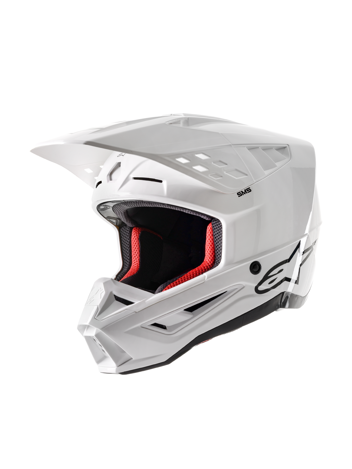 Alpinestars S-M5 Solid hjelm ECE 22.06, motocrosshjelm, hvid blank, med rød indvendig polstring, sort Alpinestars-logo, aerodynamisk visir og flere ventilationsåbninger til beskyttelse ved terrænkørsel