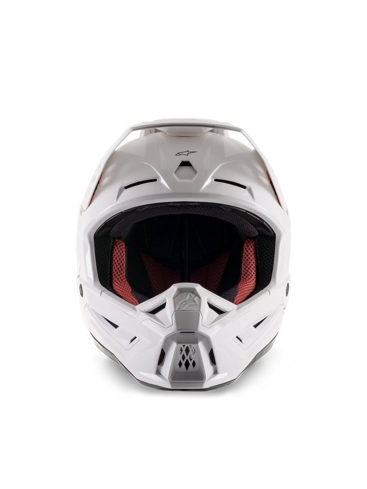 Alpinestars S-M5 Solid hjelm ECE 22.06, motocrosshjelm, hvid blank, set forfra, med flere luftindtag på hage og pande, bredt visir, rød og sort indvendig foring, strømlinet og aerodynamisk design til off-road kørsel