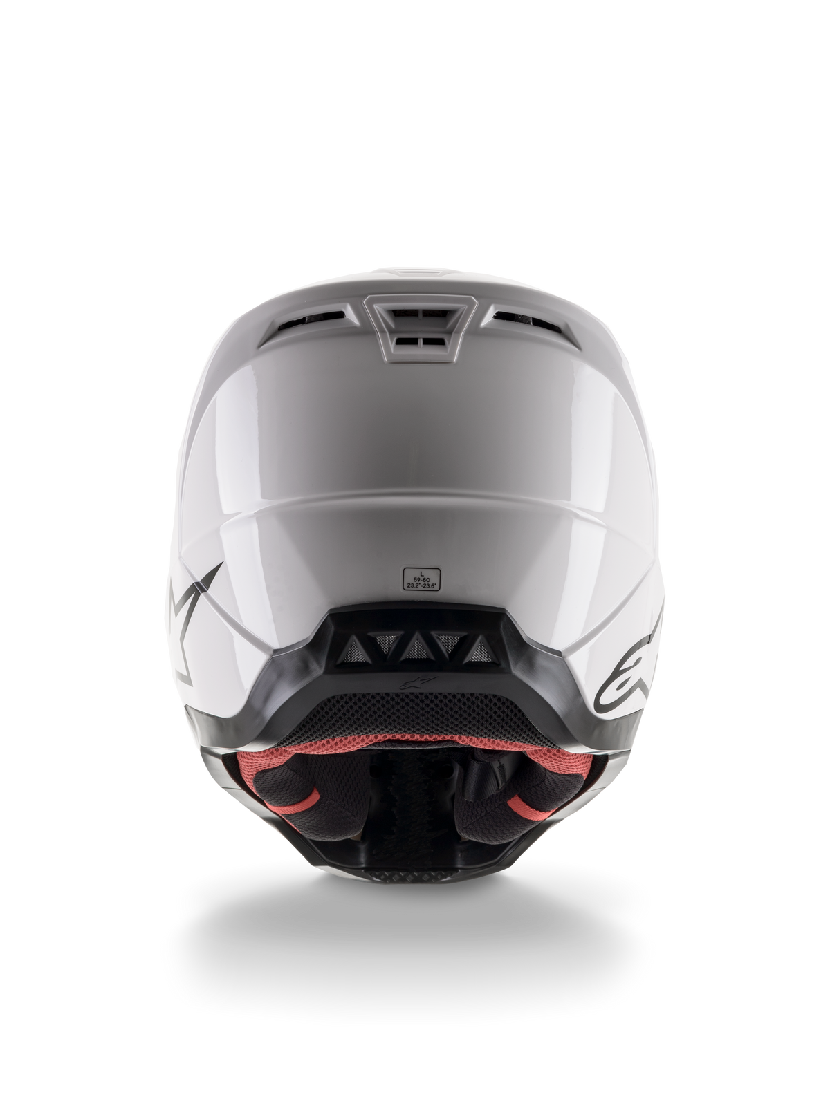 Alpinestars S-M5 Solid Helmet ECE 22.06, motocross-hjelm, blank hvid, set bagfra med aerodynamiske udstødningsventiler og sort kant forneden med logoer, strømlinet beskyttelsesudstyr til terrænkørsel