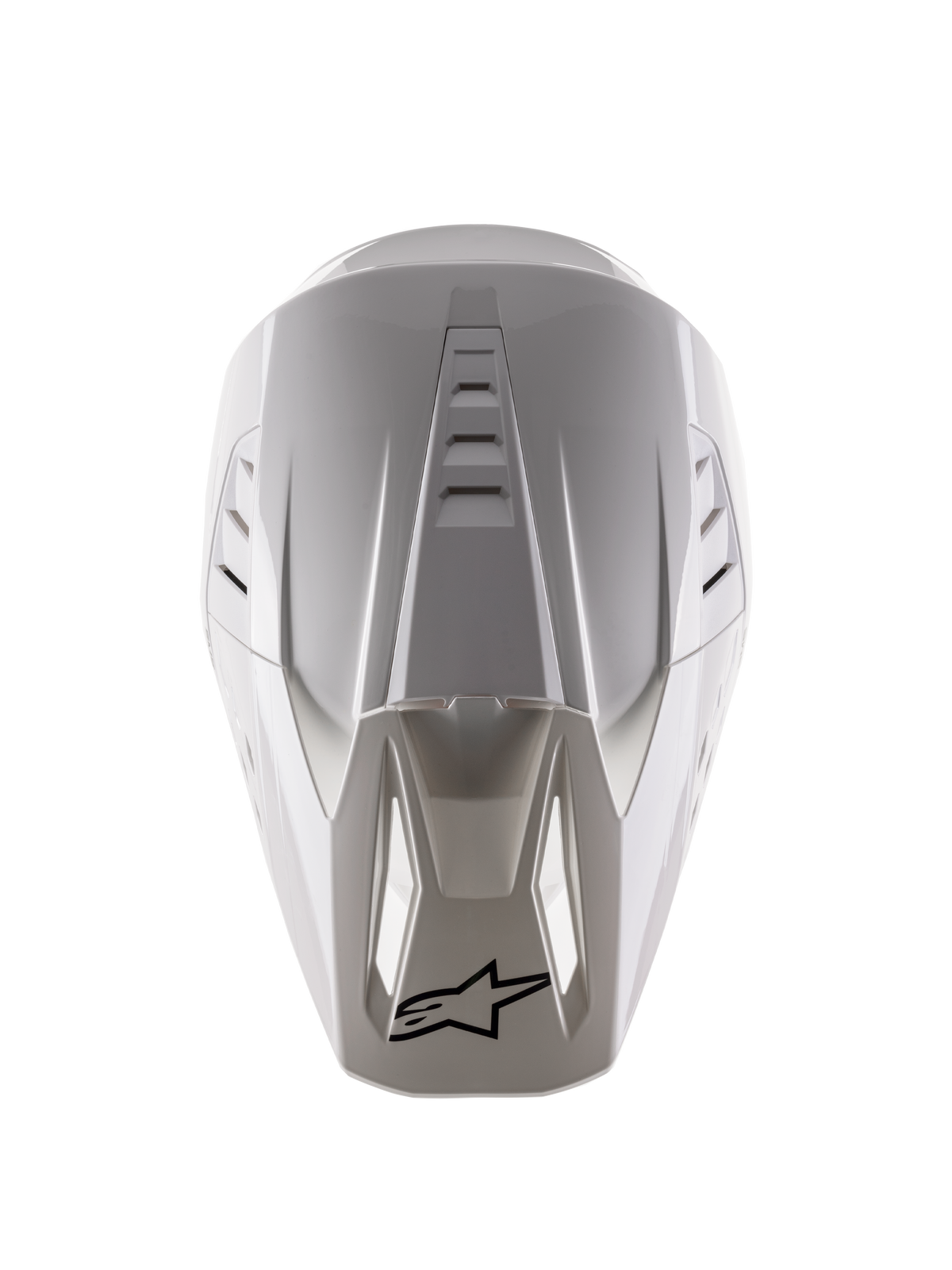 Alpinestars S-M5 Solid Hjelm ECE 22.06, motocrosshjelm, blank hvid, set oppefra, der viser de øverste luftventiler og sort logo på spidsen af visiret