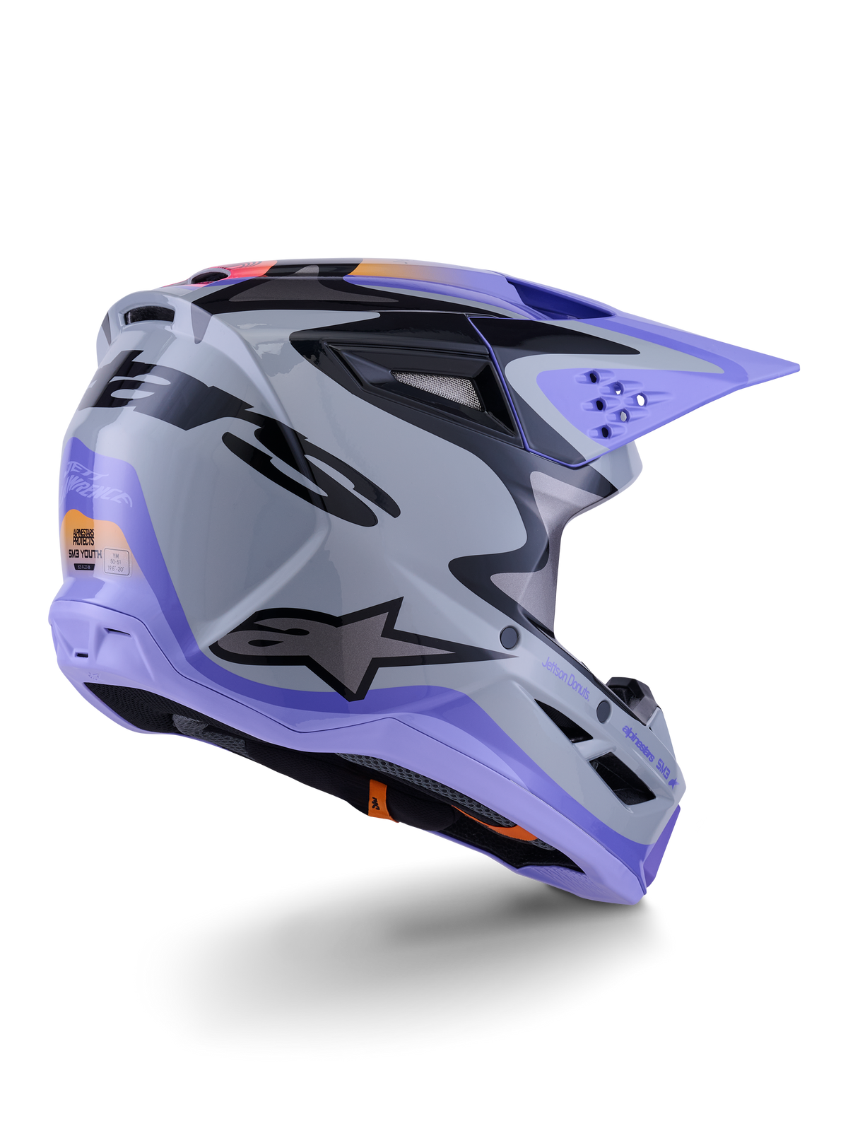 Alpinestars S-M3 Jettson ungdomshjelm, motocrosshjelm, grå, lilla og sort blank, set bagfra i trekvart profil, med lilla visir, sort Alpinestars-logo og flere ventilationsåbninger, strømlinet design til off-road racing for unge