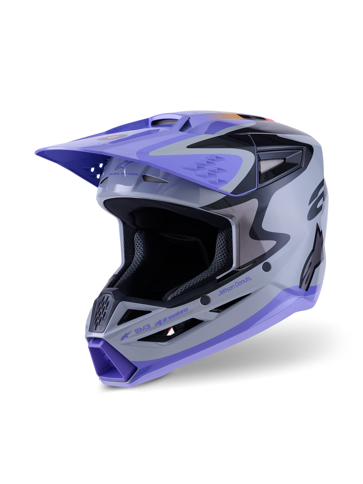 Alpinestars S-M3 Jettson ungdomshjelm ECE 22.06, motocrosshjelm, grå, lilla og blank sort, med lilla visir og hageparti, aerodynamisk skal med ventilationsåbninger i mesh, markant grafik til off-road ræs for unge