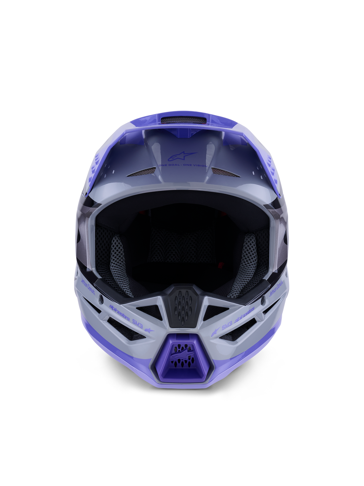 Alpinestars S-M3 Jettson hjelm, motocross-hjelm, grå, lilla og sort blank, set forfra med et bredt synsfelt og ventileret hagebeskytter med lilla detaljer, strømlinet termo-injiceret skaldesign til off-road kørsel