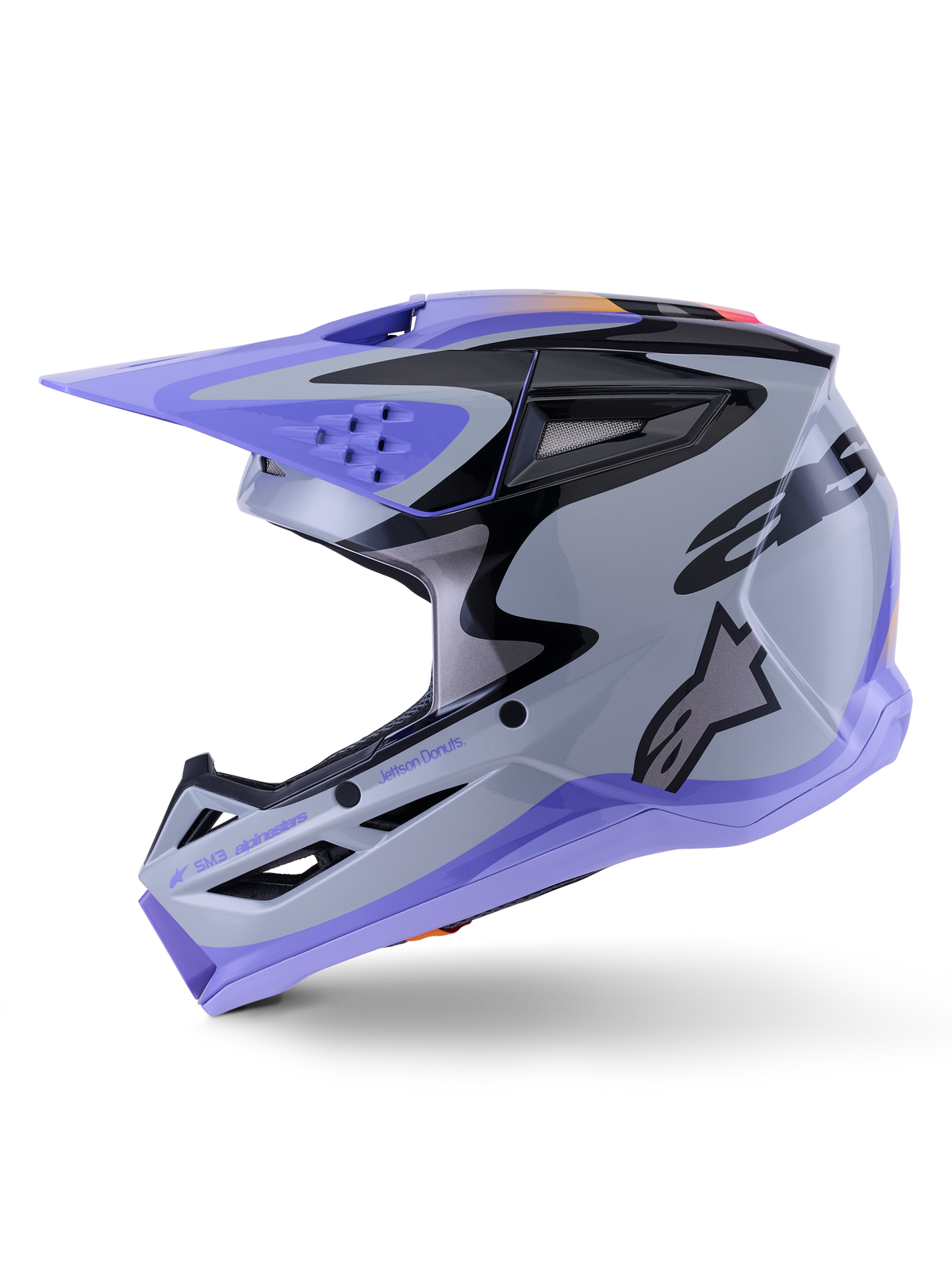 Alpinestars S-M3 Jettson ungdomshjelm, motocrosshjelm, grå, lilla og sort blank, med lilla visir og kant forneden, sorte grafiske mønstre med logo på siden, professionel hovedbeskyttelse til off-road racing for unge