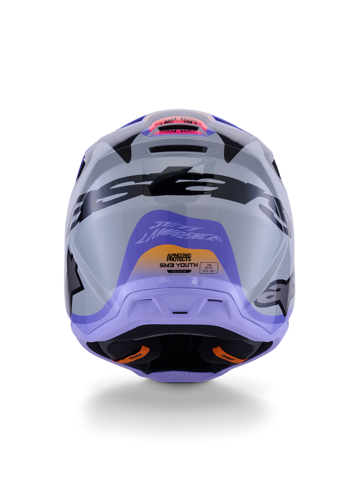 Alpinestars S-M3 Jettson hjelm til unge, set bagfra, grå med lilla og sort blank grafik, med Jett Lawrence signaturdesign og Alpinestars-logoer, off-road motocrosshjelm