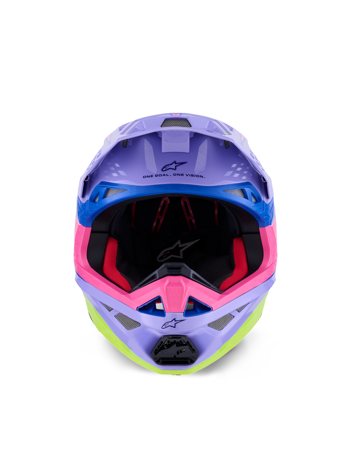 Alpinestars Supertech M10 Jett Lawrence R01-hjelm, motocross-hjelm, lilla, pink og neon-gul glans, set forfra med synlig indvendig polstring og hagebeskytter, 'ONE GOAL. ONE VISION.' trykt under visiret, farverig racing-grafik med blå accenter