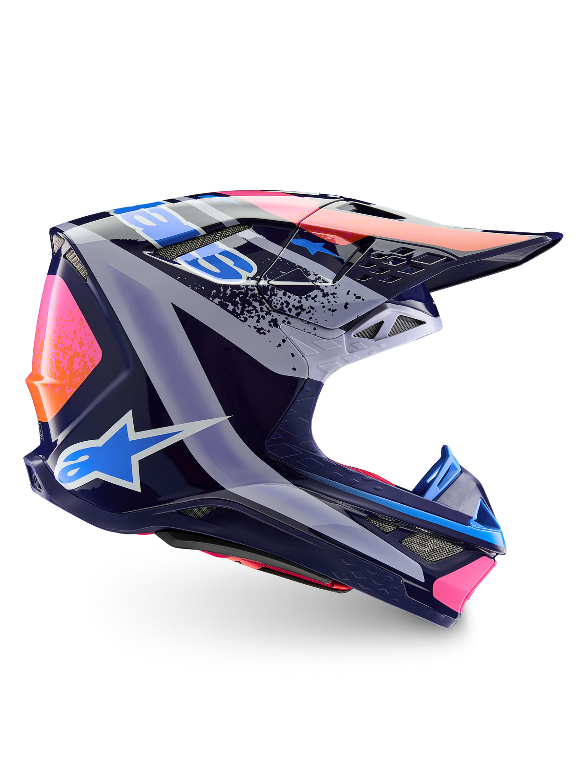 Alpinestars Limited Edition Supertech M10 Records hjelm, motocross-hjelm, flerfarvet blank, med en mørkeblå base og livlig lyserød, orange og lyseblå Records-grafik, sideprofil der viser den aerodynamiske skal, visiret og ventilationsportene