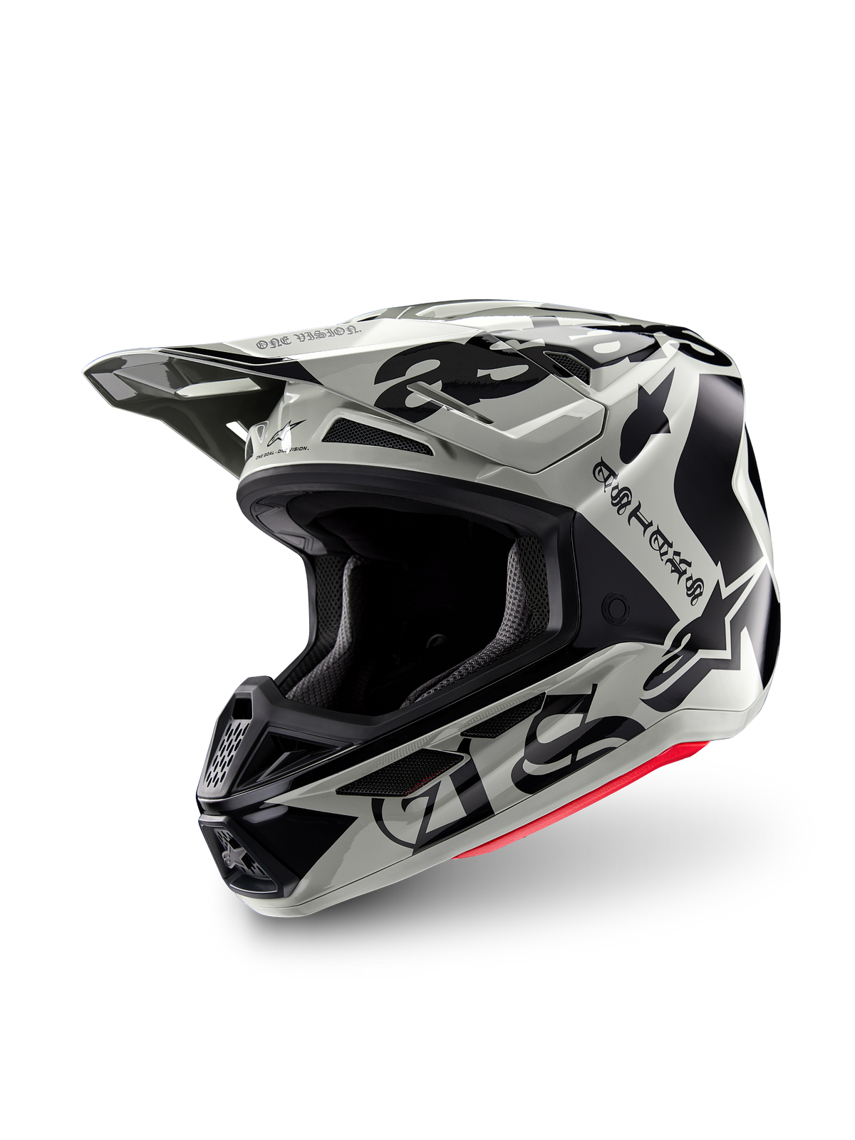 Alpinestars Limited Edition S-M7 Wolf Dust hjelm, motocrosshjelm, Dune Black Glossy, lysegrå skal med sorte gotiske 'ASTARS'-bogstaver og stjernelogo, rød kantdetalje nederst, højtydende visir og adskillige luftindtag, set skråt forfra