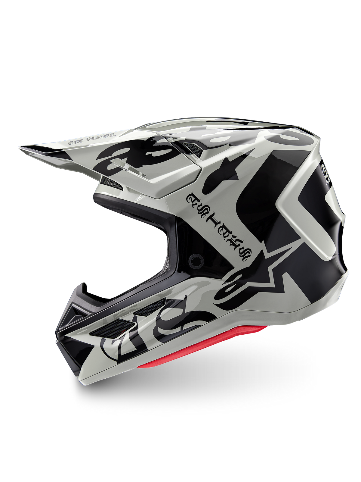 Alpinestars Limited Edition S-M7 Wolf Dust hjelm, motocrosshjelm, Dune Black Glossy, råhvid skal med sort gotisk ASTARS-branding og grafiske mønstre, synlig rød indvendig polstring, aerodynamisk profil til off-road racing