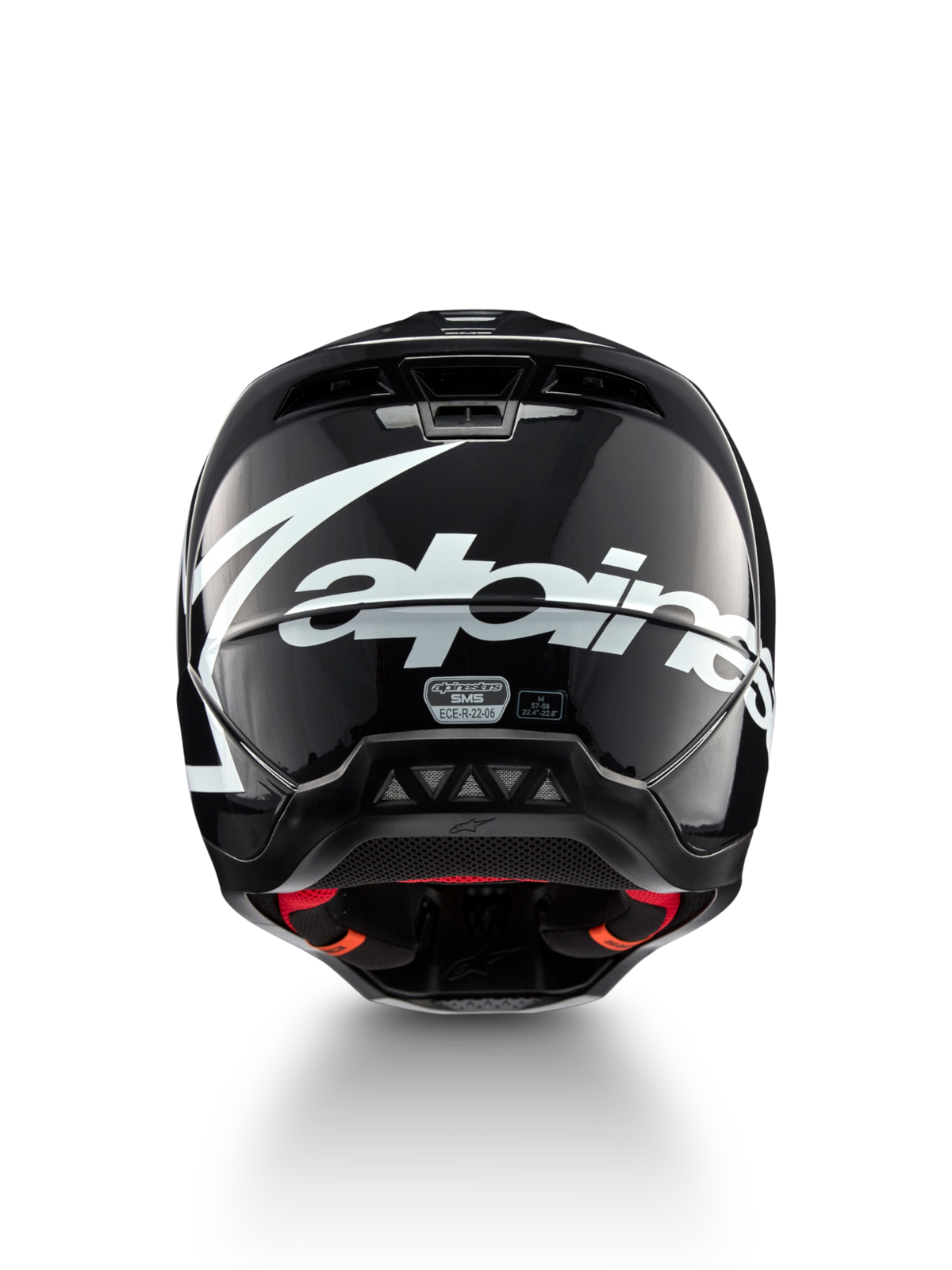Alpinestars S-M5 Corp hjelm, motocrosshjelm i mørk grå blank, set bagfra med hvidt logo, ECE 22.06-certificeret.